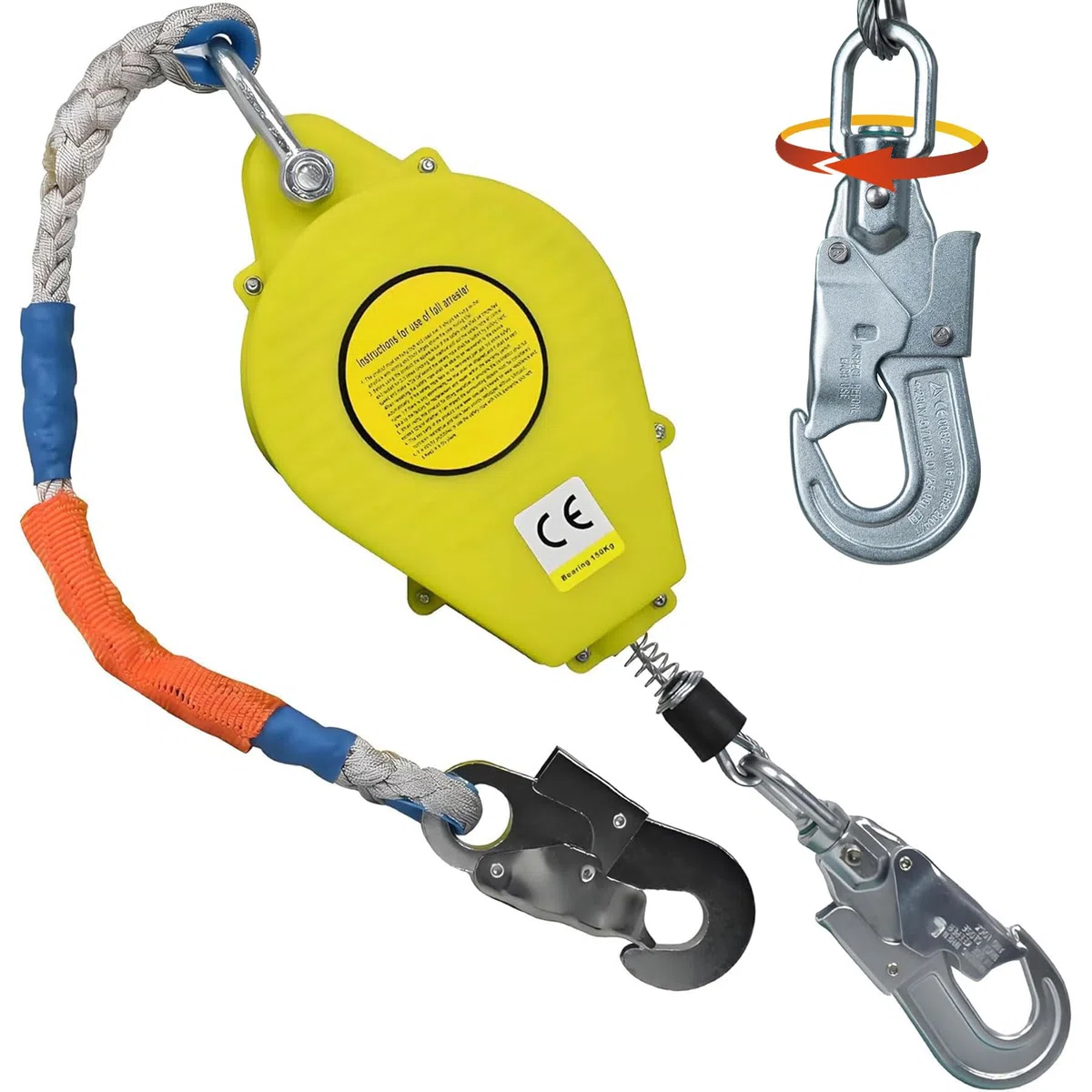 Dispositivo Anticaduta Retrattile Certificato 10/15/20m, Anticaduta a Richiamo Automatico con Gancio Autobloccante, 150KG Imbracatura di Sicurezza Anticaduta per Tetto e Lavoro Aereo (Giallo, 10m)