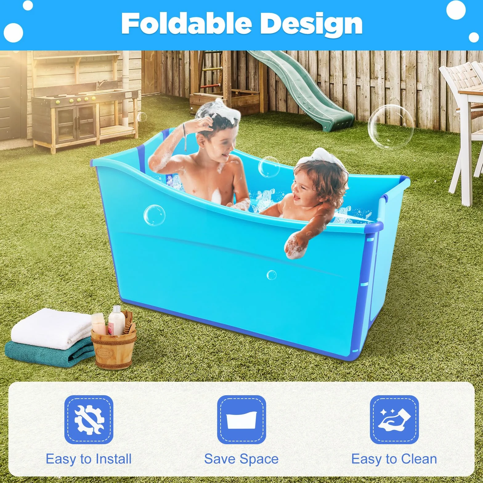 Vasca da bagno pieghevole da 100 cm, per adulti, sauna, bagno per bambini, con copertura rimovibile, per bagno, balcone e doccia