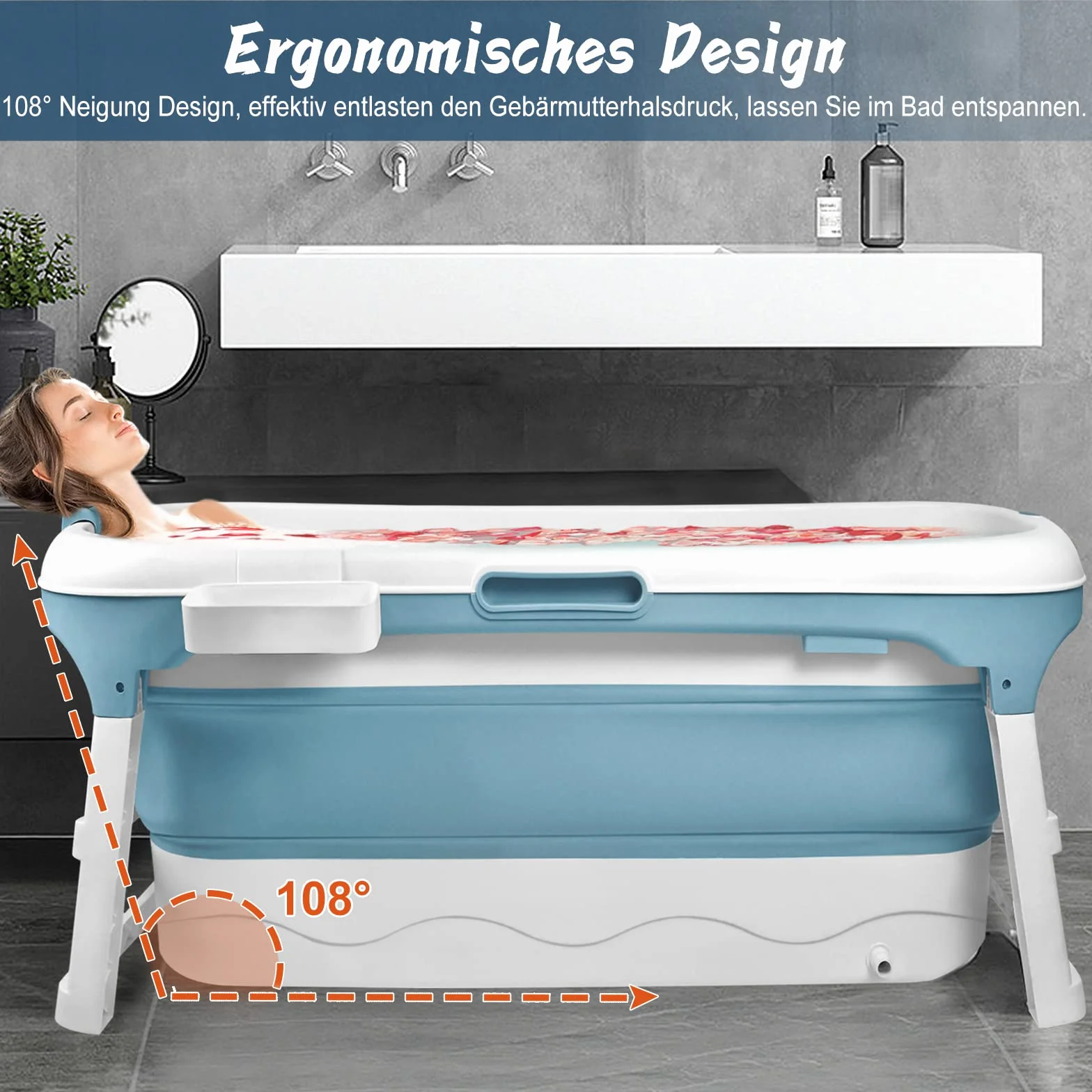 Aufun Vasca da bagno pieghevole XL 148 x 62 x 53 cm, ideale per bagno, doccia e balcone, con copertura e rulli massaggianti, cestino per il sapone, vasca portatile in plastica spessa - blu