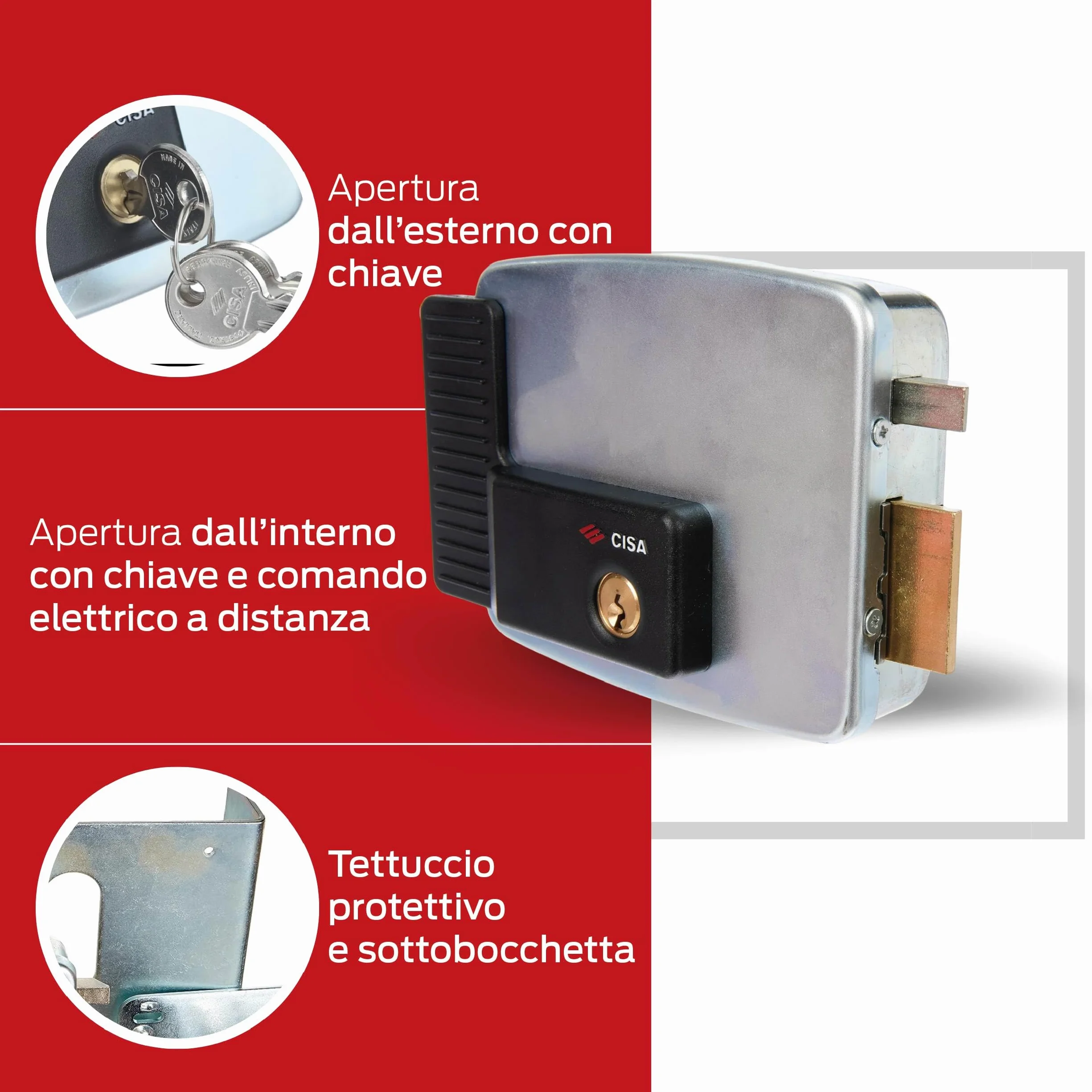 CISA - Serratura Elettrica da Applicare 111721501 - Serratura in Acciaio Zincato con Scrocco Autobloccante - Serratura Cancello Esterno Elettrica Entrata 50 - Mano Destra