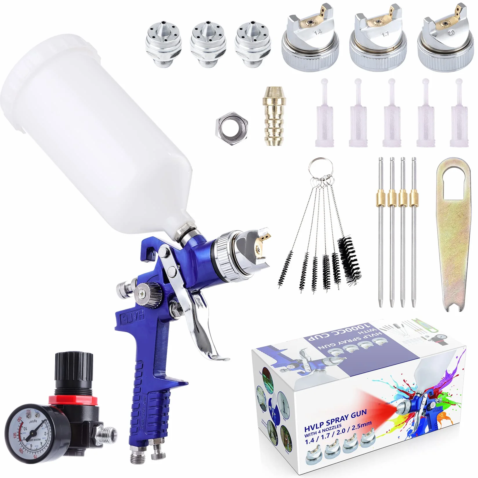 Pindex HVLP Vernice Pistola à Spruzzo con 4 Ugelli 1,4 1,7 2 2,5 mm, HVLP Gravità Pistola à Spruzzo d'Aria con 1000 ml Contenitore per Mobili Recinzione Parete Giardino,Blu