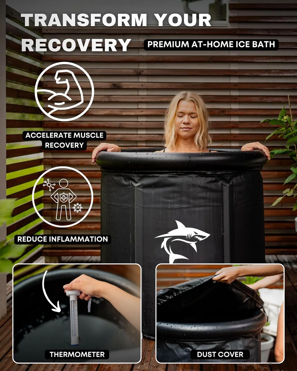 Ice Bath (80 cm Ø) XL, Vasca Ghiaccio Crioterapia con 8 in Acciaio Inox, Borsa Sportiva/Termometro/Scudo Termico/Copertura Antipolvere - Set Completo, Vasca da Bagno Adatto per Gli Atleti
