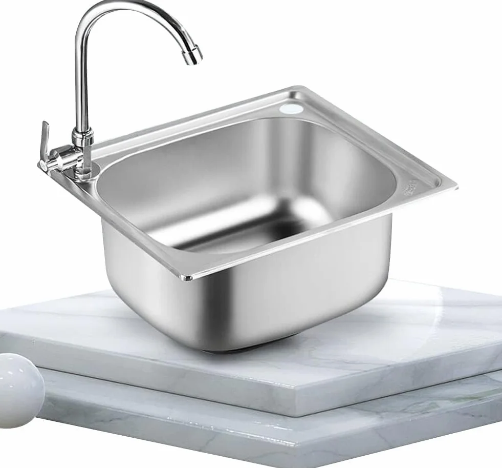 Lavello da cucina piccolo, lavello in acciaio inox a ciotola singola, fondo e dispositivo di drenaggio incorporato, ribaltabile, con morsetto tubo di scarico