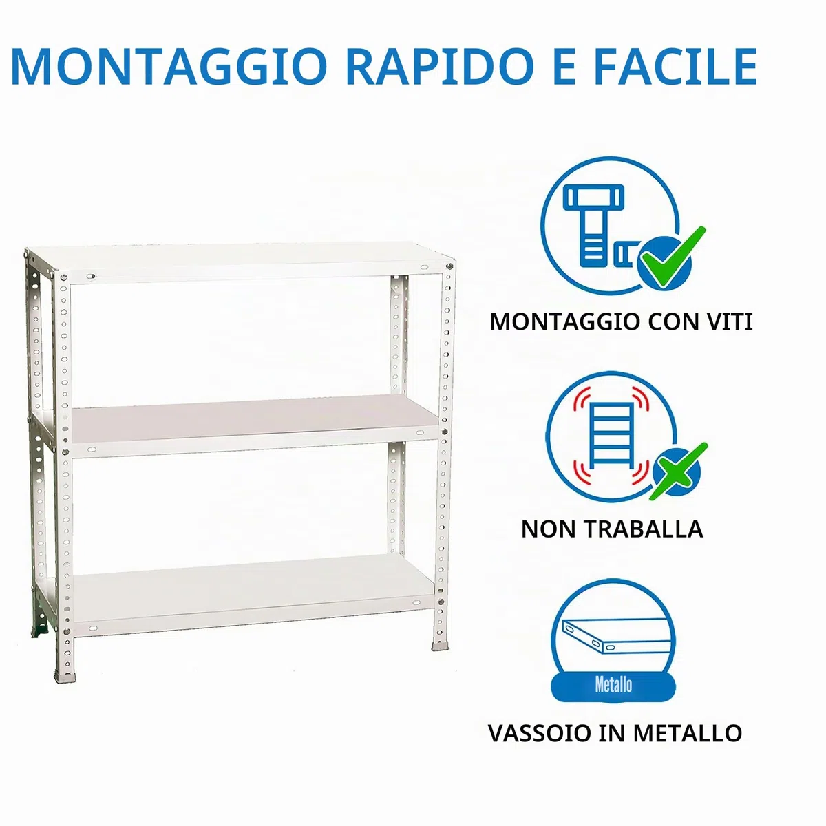 Simon Rack Scaffale Metallo Garage e 3 Ripiani, Capacità di Carico 100 kg e Punto di Flessione, 1000x800x300 mm, Metallo, Scaffalatura per Garage, Bianco - Comfort