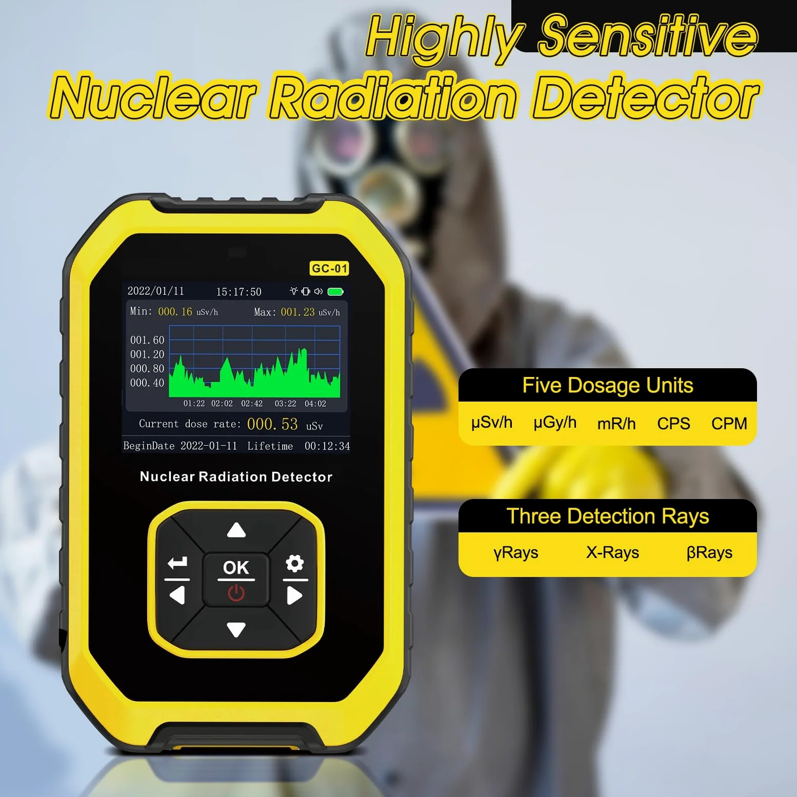 Rilevatore di radiazioni nucleari Geiger portatile con display LCD, monitor di radiazioni ricaricabile, tester per raggi X Beta Gamma, applicato per casa, esterno, industriale