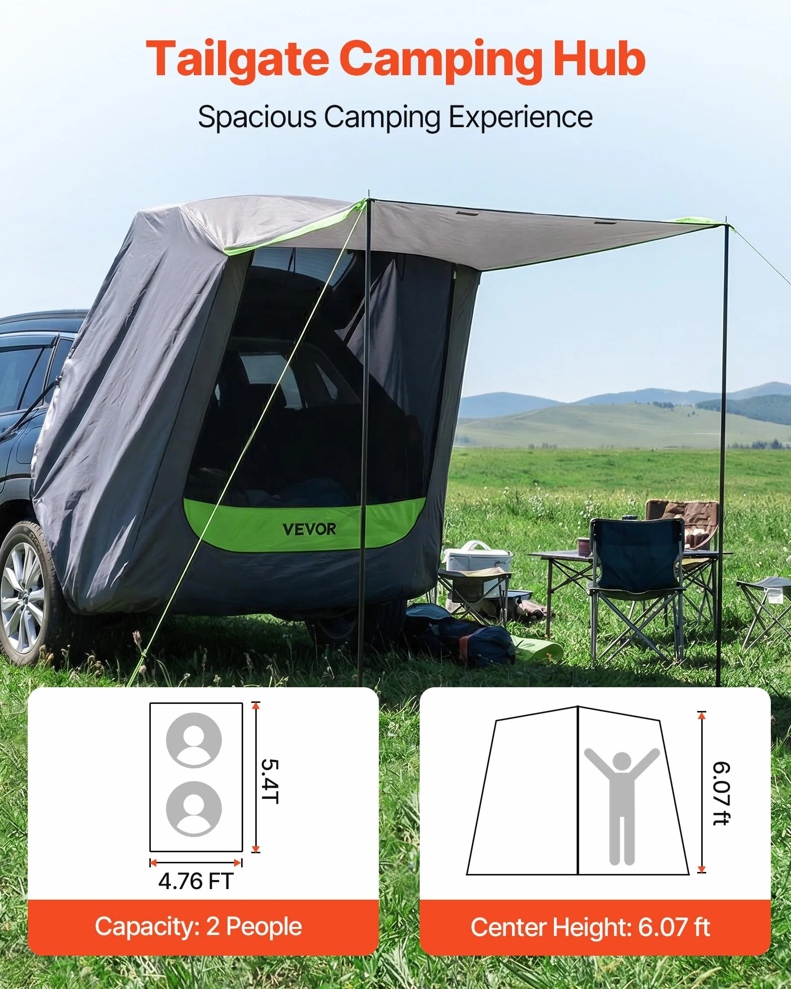 VEVOR Tenda Posteriore per Auto Tenda Parasole da Portellone Posteriore da Auto SUV Impermeabile PU 2000mm Parasole Pieghevole da Veicoli per Campeggio Viaggio Gite Capienza ca. 2 Persone