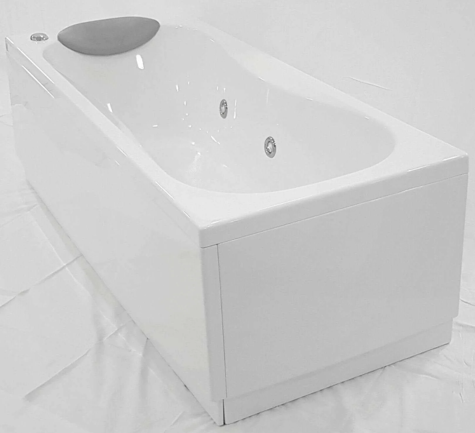 Novellini Calypso Eco Vasca da Bagno 160x70 H55cm Idro Laterale 6 Getti Reversibile Accensione Pneumatica Forma Esterna Rettangolare Interna ad Otto 2 Pannelli Acrilico Bianco Lucido Colonna Cuscino
