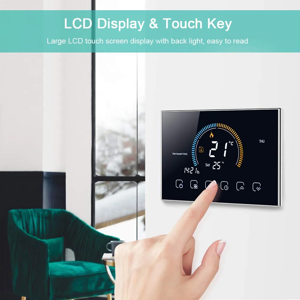 Decdeal Termostato WiFi per Caldaia a Gas - Controllo App Vocale/LCD Retroilluminato Visualizzazione dell'umidità e UV,Termostato Programmabile Compatibile con Alexa Google Home