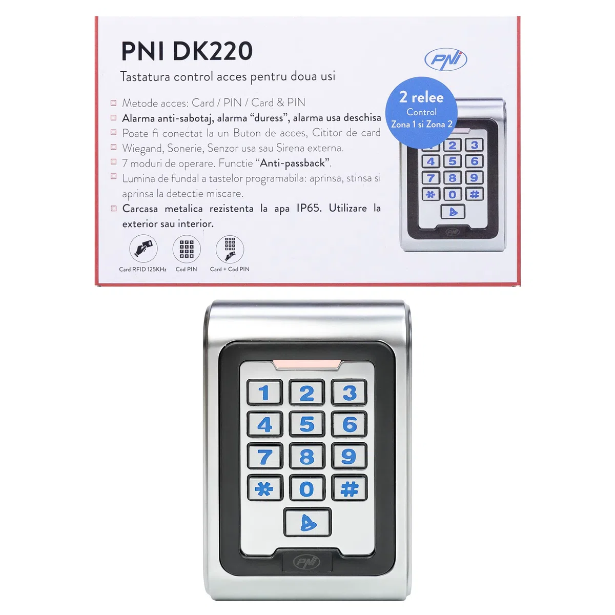 Tastiera di controllo accessi PNI DK220, stand alone, esterno e interno, IP65, con 2 relè