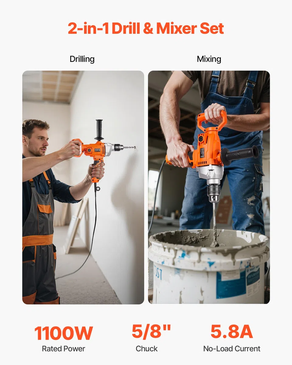 VEVOR Trapano Miscelatore Elettrico 15,89 mm 1100 W con Agitatore per Miscelazione 850 giri/min 3,2 A Trapano Miscelatore con Impugnatura a D per Foratura e Miscelazione per Cemento