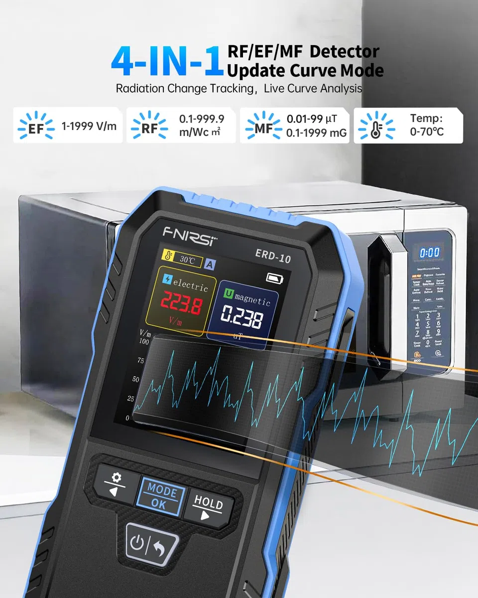 FNIRSI ERD-10 Rilevatore EMF, 4 in 1, misuratore di radiazioni EMF con modalità curva, lettore EMF ricaricabile, rilevatore di radiofrequenza per casa, ufficio, caccia ai fantasmi