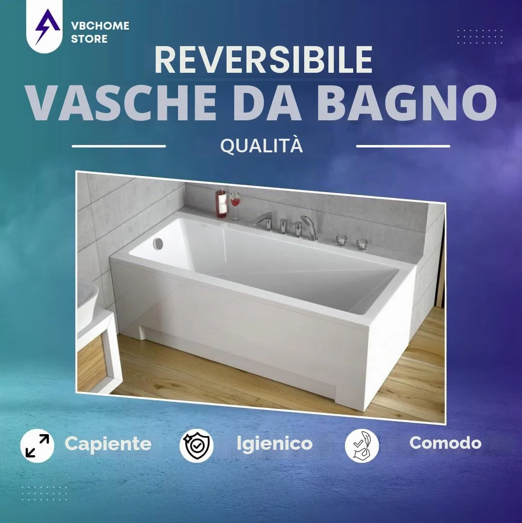 VBChome Vasca da bagno in acrilico, 130 x 70 cm, set di grembiule, sifone in acrilico, rettangolare, colore bianco, design moderno, piedini per vasca da bagno, scarico cromato