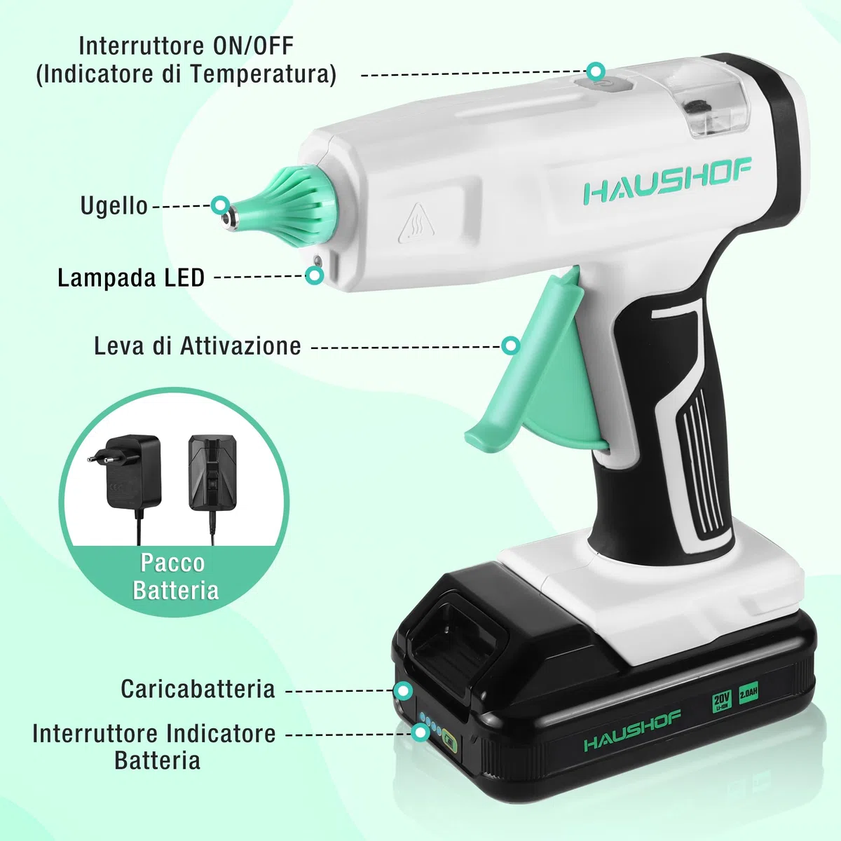 HAUSHOF Pistola per Colla a Caldo Senza Fili da 20V con Batteria e Caricatore, 20 Stick di Colla 11x150 mm, Spegnimento Automatico e Riscaldamento Rapido per Fai da Te, Artigianato