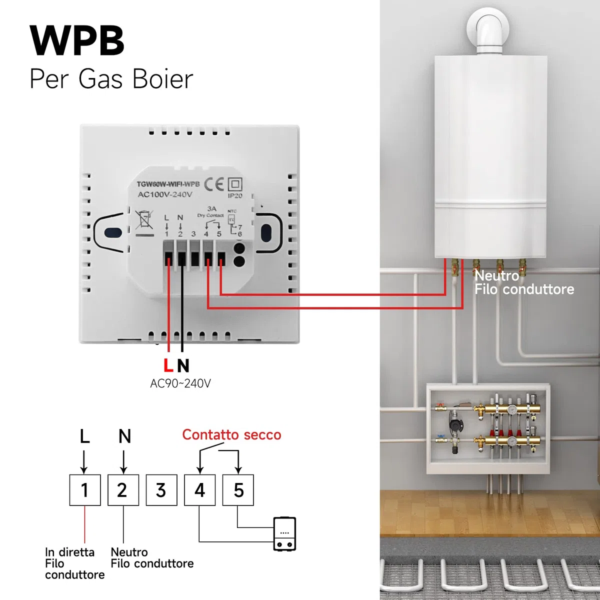 Termostato wifi caldaia a gas,Termostato programmabile settimanale intelligente，termostato controllo con Tuya samrt compatibile con Google Assistant e Alxe,Termostato ambiente digitale TGW60W-WPB