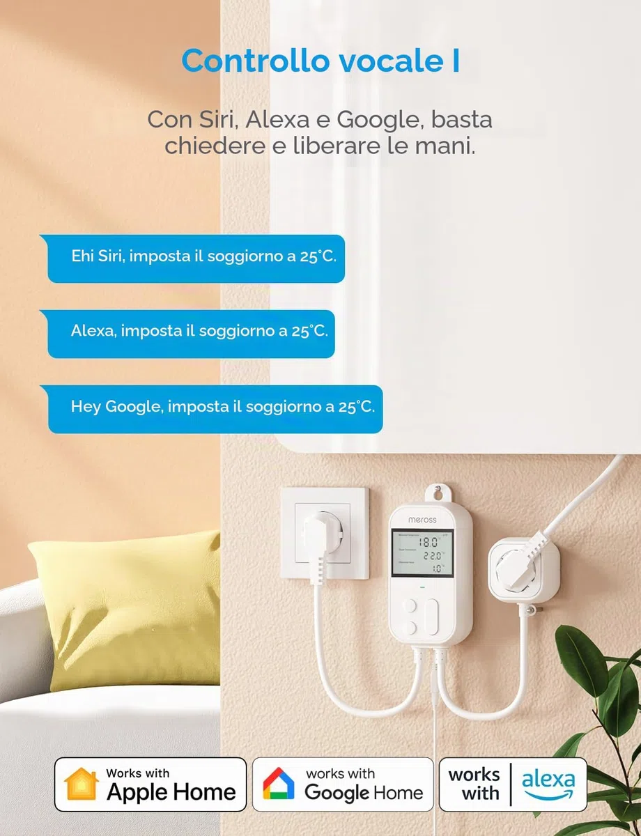 Meross Regolatore di temperatura Smart Termostato Presa per HomeKit Digitale WiFi Termostato Riscaldamento Presa con Sonda per Riscaldamento e Raffreddamento 16 A, 2,4 GHz
