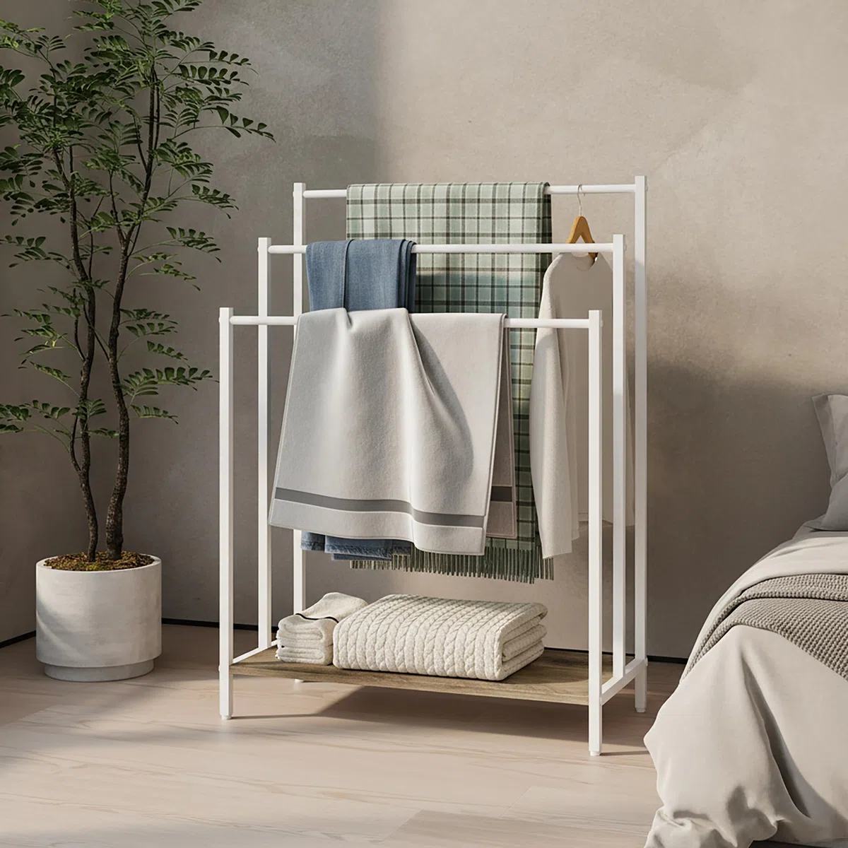 Relaxdays Porta Asciugamani con ripiano, Effetto Legno, 3 Barre, HxLxP: 81x60x28 cm, Naturale/Bianco