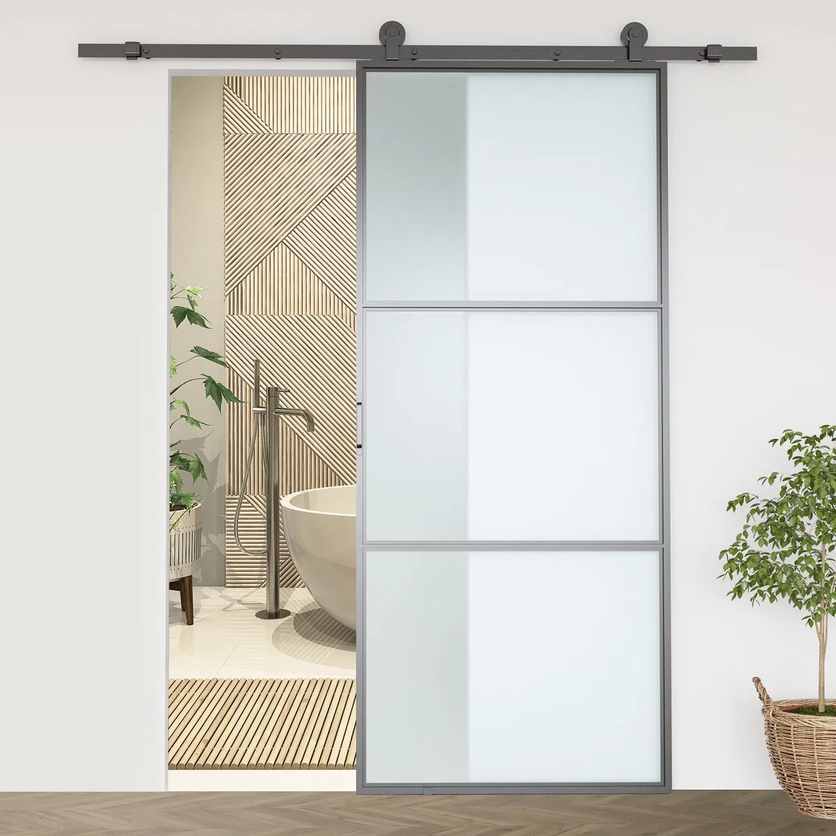 HOMCOM Kit Porta Scorrevole con Binari, Fermi e Guide, Kit per Porte Scorrevoli in Acciaio al Carbonio, 200x40x0.6 cm, Nero