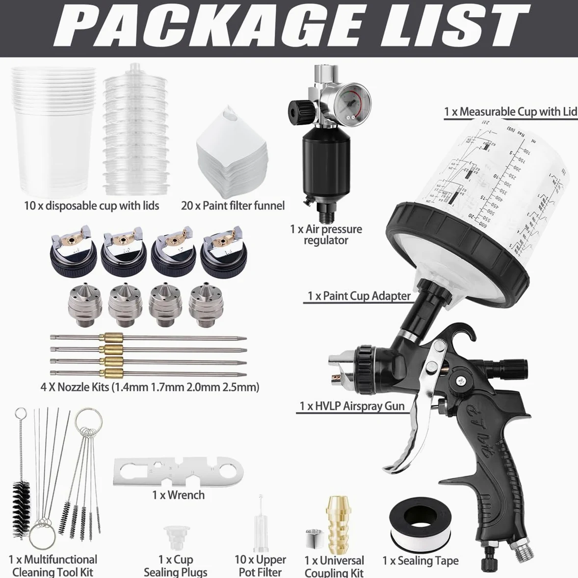 HVLP Pistola Verniciatura Professionale, Pistola a Spruzzo per Verniciare con Ugelli da 1,4/1,7/2,0/2,5 mm e Regolatore di Pressione dell'Aria, Tazze da 600ml e Accessori per Pistola a Spruzzo