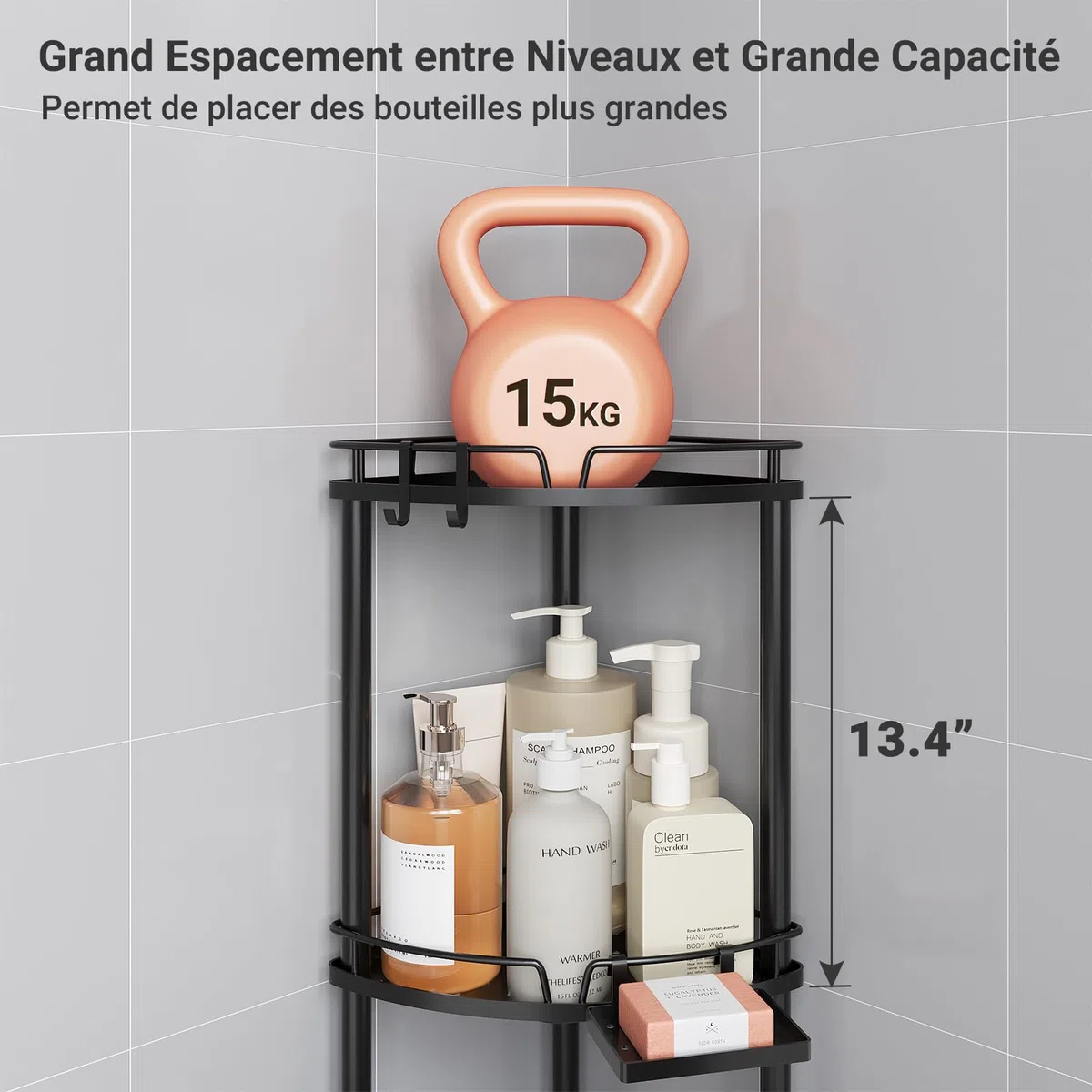 ELYKEN Mensola angolare per doccia a 4 ripiani in metallo antiruggine con portasapone, ripiano angolare con gambe regolabili e 2 ganci per bagno, nero