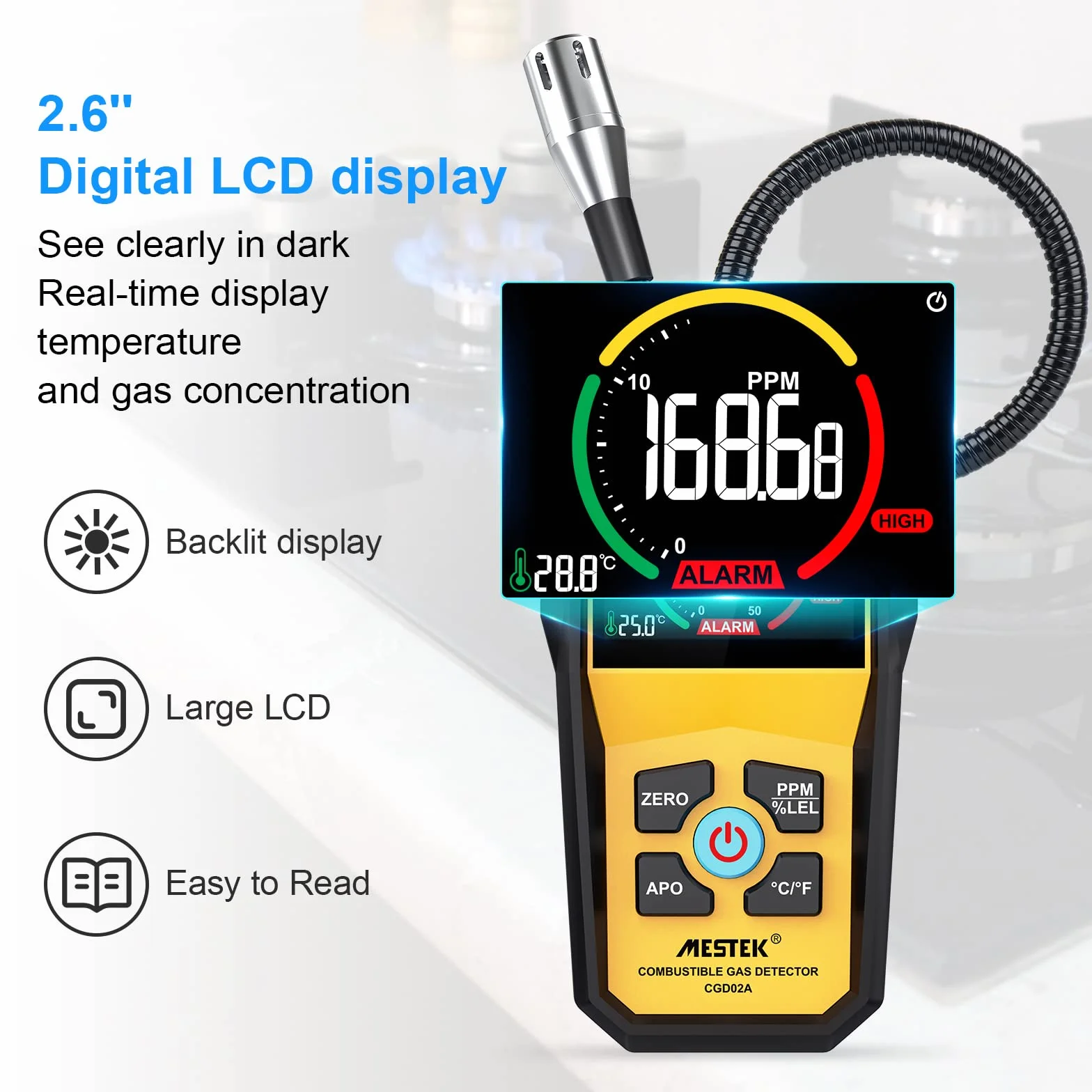 Rilevatore di Gas MESTEK Rilevatore Perdite di Gas per Metano, Gas Naturale, Propano Butano, GPL Combustibile Portatile Allarme Sonoro Casa Digital Display LED per Domestico Cucina Garage Benzina