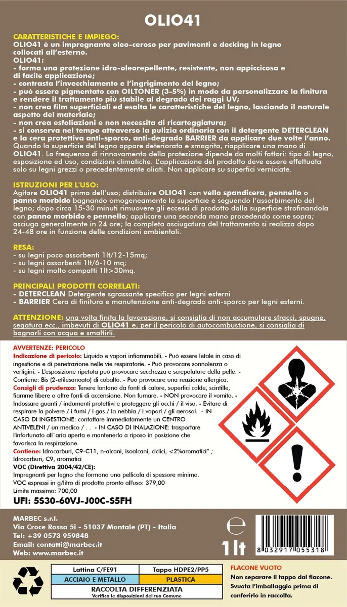 MARBEC OLIO41 1LT Impregnante cerato per legno esterno per effettuare trattamenti protettivi su pavimenti e decking.