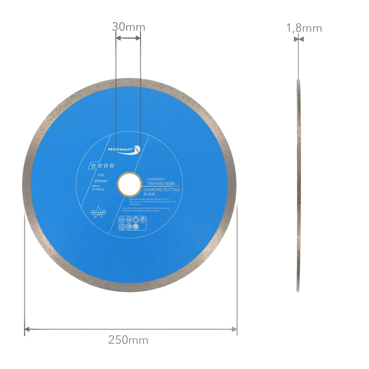 PRODIAMANT Disco da taglio diamantato Tile Professional 250 mm x 30/25,4 mm F702 ProRim no break out su piastrelle smaltate gres porcellanato ceramica e pietra naturale