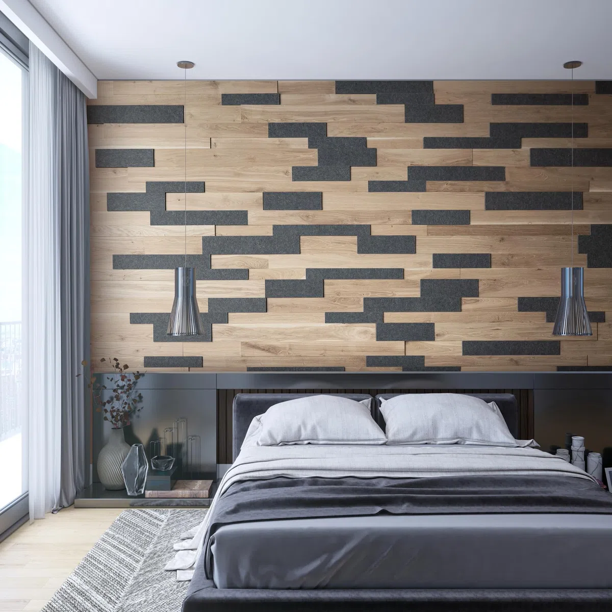 Pannelli acustici da parete in rovere e feltro, pannelli da parete 3D, rovere strutturato, rivestimento in legno, design a parete OZO Acoustic Slate (1 m2)