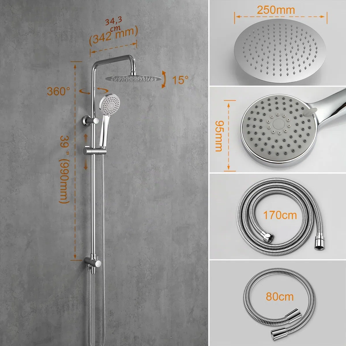 GRIFEMA Colonna Doccia Colonna Doccia Acciaio Inox Senza Miscelatore Fori Muro Regolabili Asta Doccia Gruppo Doccia Colonna Con Soffione e Doccetta Porta Ogetti Mensola 25x25cm, G7005