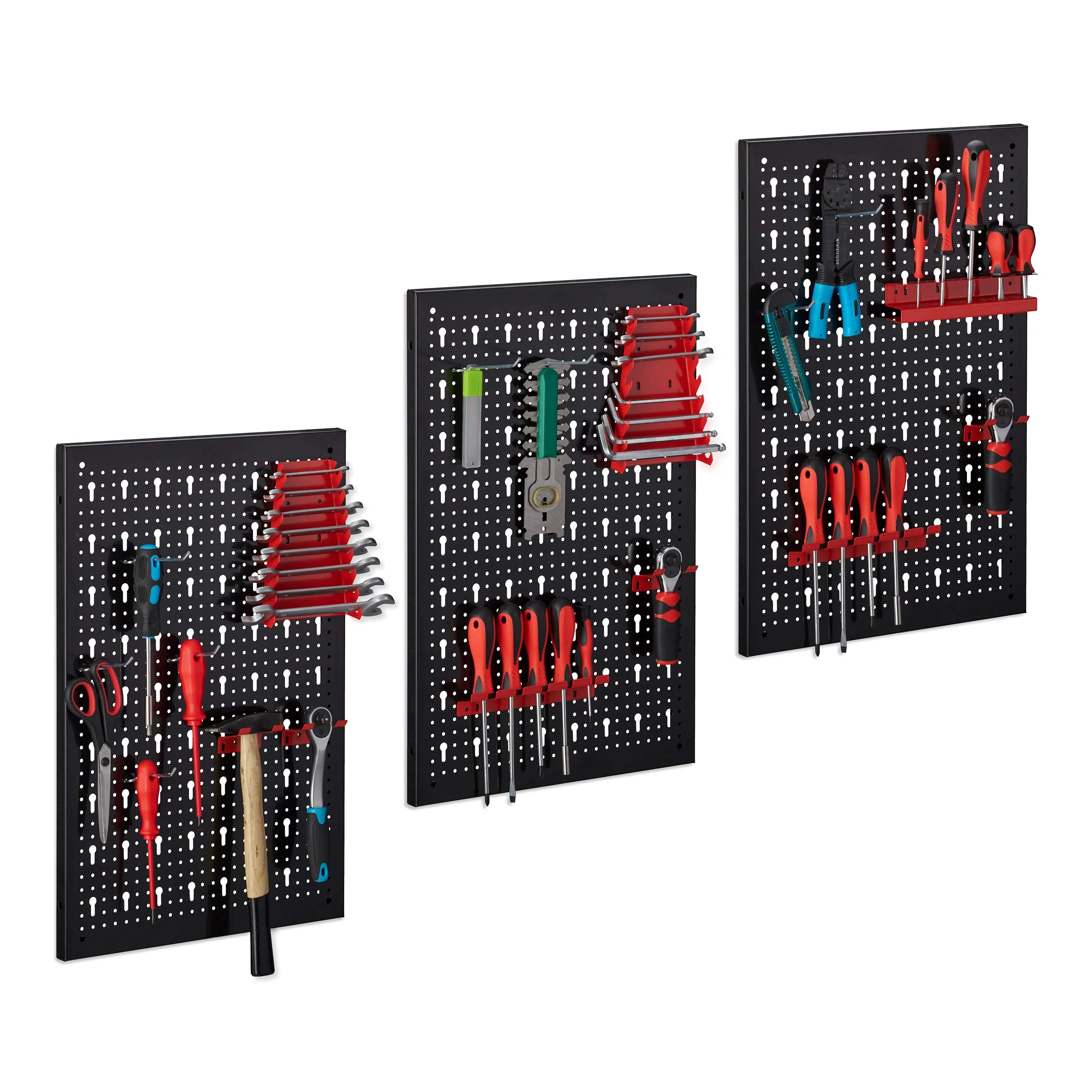 Relaxdays Pannello Portautensili, Set 3 Pareti con 17 Ganci Porta Utensili, Parete Banco da Lavoro, 60 x 39, Nero/Rosso
