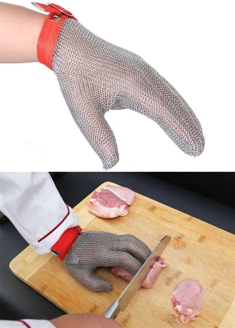 ThreeH Guanti in maglia d'acciaio 304L Guanti da taglio di sicurezza per cucina, taglio dell'ostrica, taglio della carne e intaglio del legno GL08 L(1 pezzo)