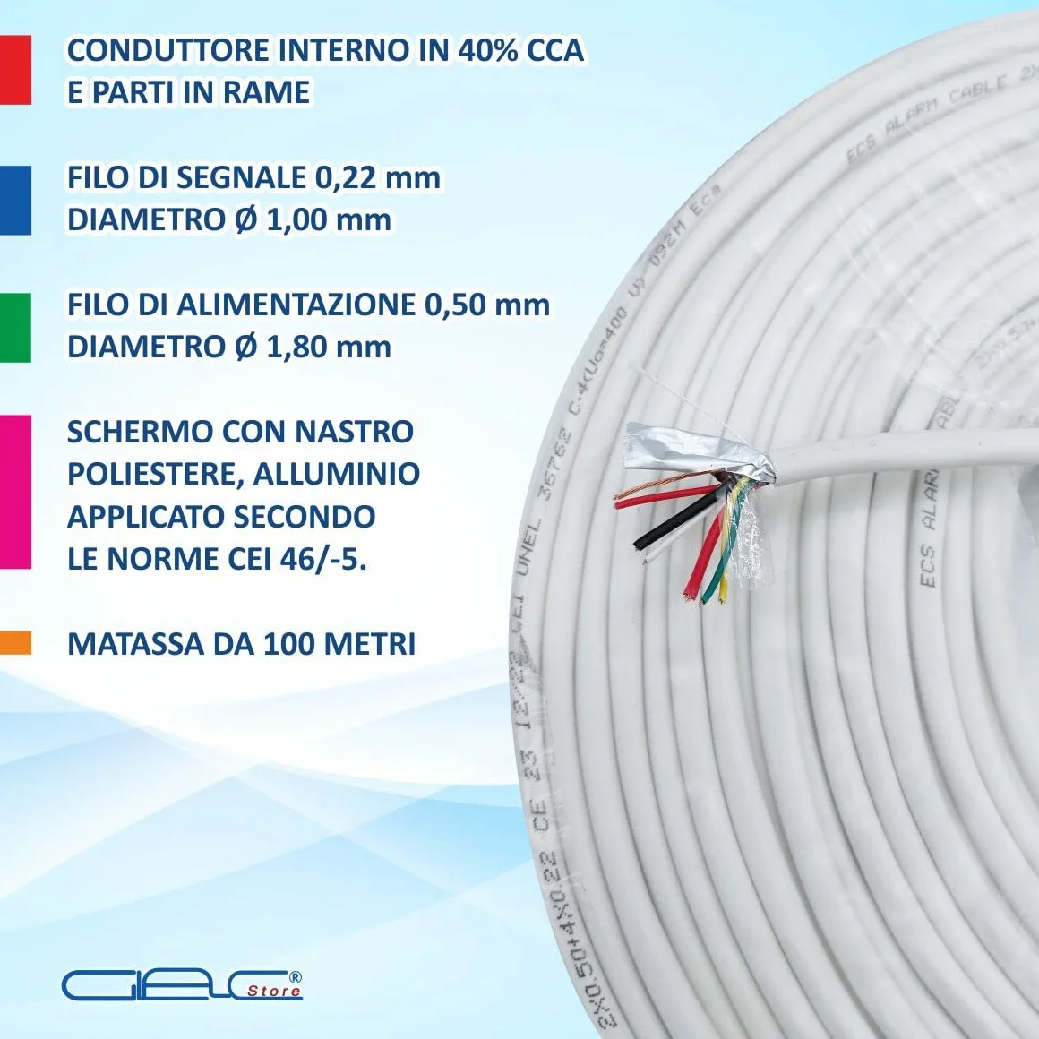 Cavo Cavi Allarme Bobina 6 Fili 4X0,22+2X0,50 mm 4+2 Matassa da 100 metri CCA Schermato Professionale Certificato Anti Propagazione in caso di Incendio