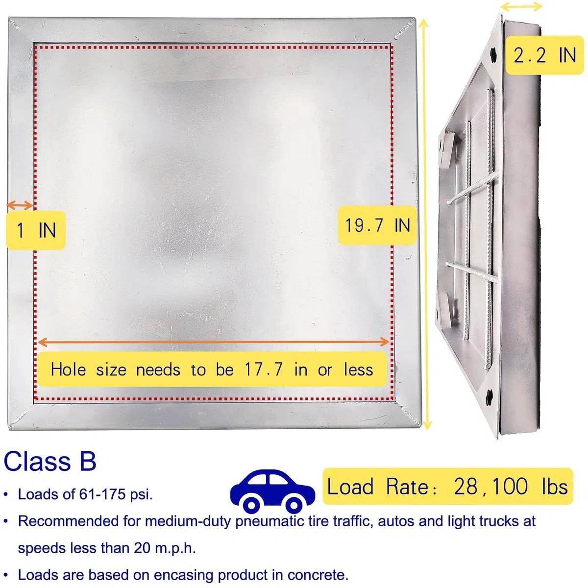 Chiusino a Scomparsa in Acciaio Inox 440x440 mm Luce Netta, Classe B125 Carico Pesante Coperchio Pozzetto con Telaio, Botola Ispezione Pavimentabile per Vialetti, Totale 500x500x50 mm