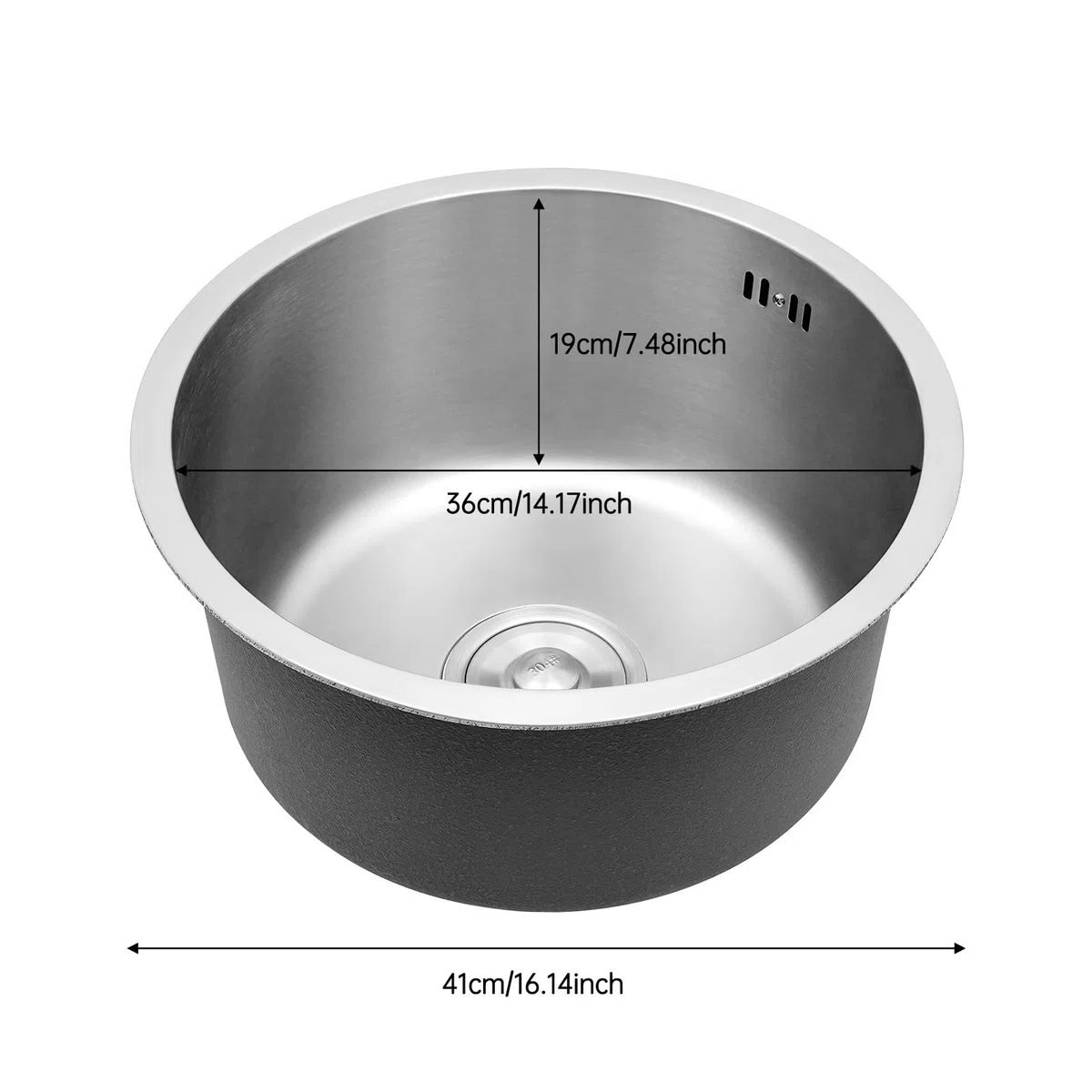 Lavello Rotondo in Acciaio Inox 304, Lavandino Circolare 38x38cm, Lavello da Cucina con Cestello Filtrante 10cm, Scarico e Tubo di Trabocco in Acciaio Inox per Ristoranti, Hotel