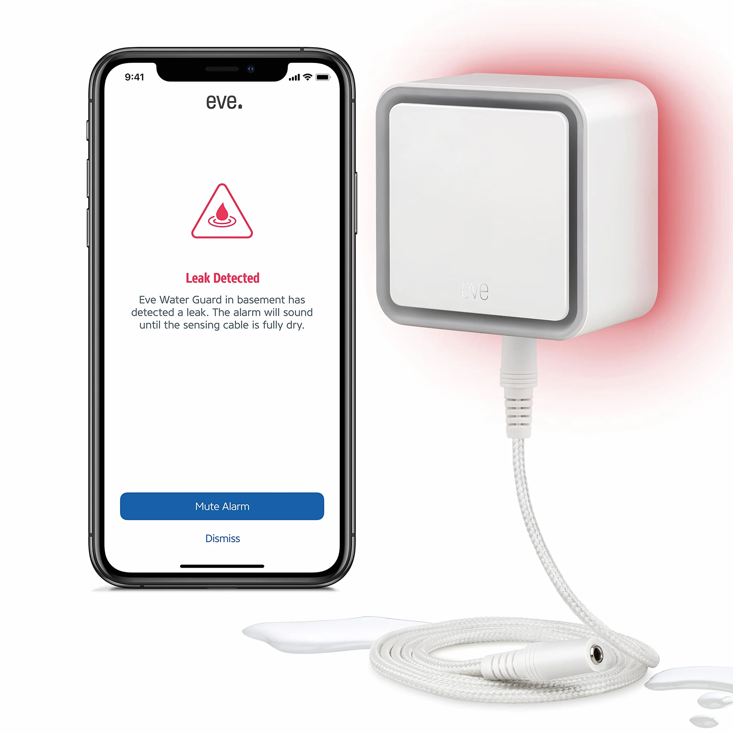 EVE Water Guard - Rilevatore intelligente di perdite d'acqua, cavo di 2 m, sirena da 100 dB, allarme di perdite d'acqua su iPhone, iPad, Apple Watch (Apple HomeKit), Bluetooth, Thread, Bianco