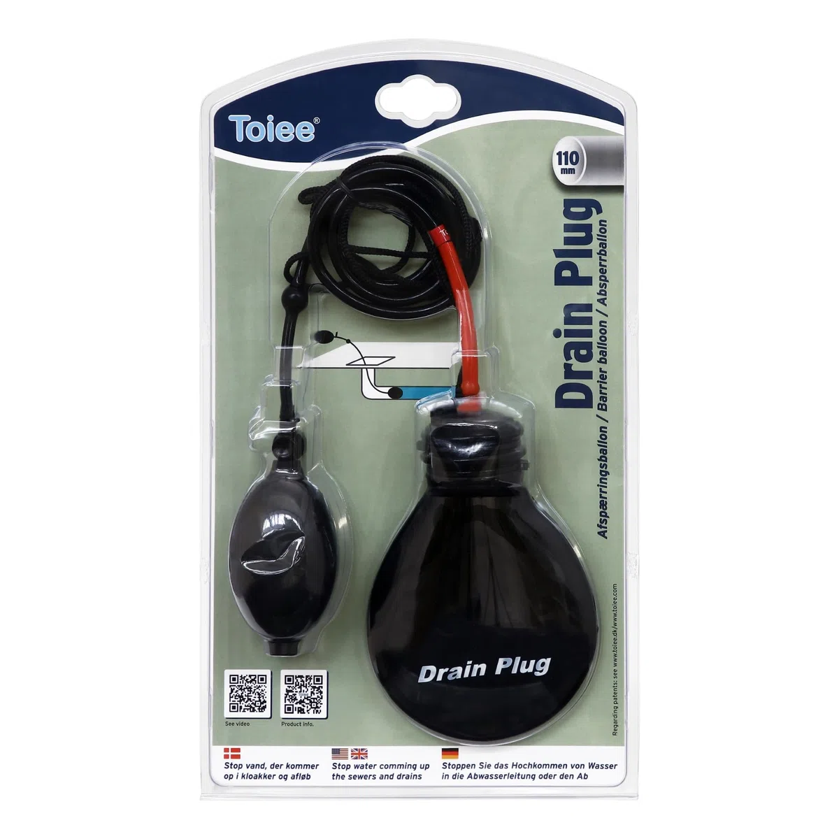 Drain Plug 110mm). Con una Toiee Drain Plug (palloncino di intercettazione) si può facilmente chiudere il tubo di scarico dell'appartamento con un palloncino per evitare che le acque reflue.
