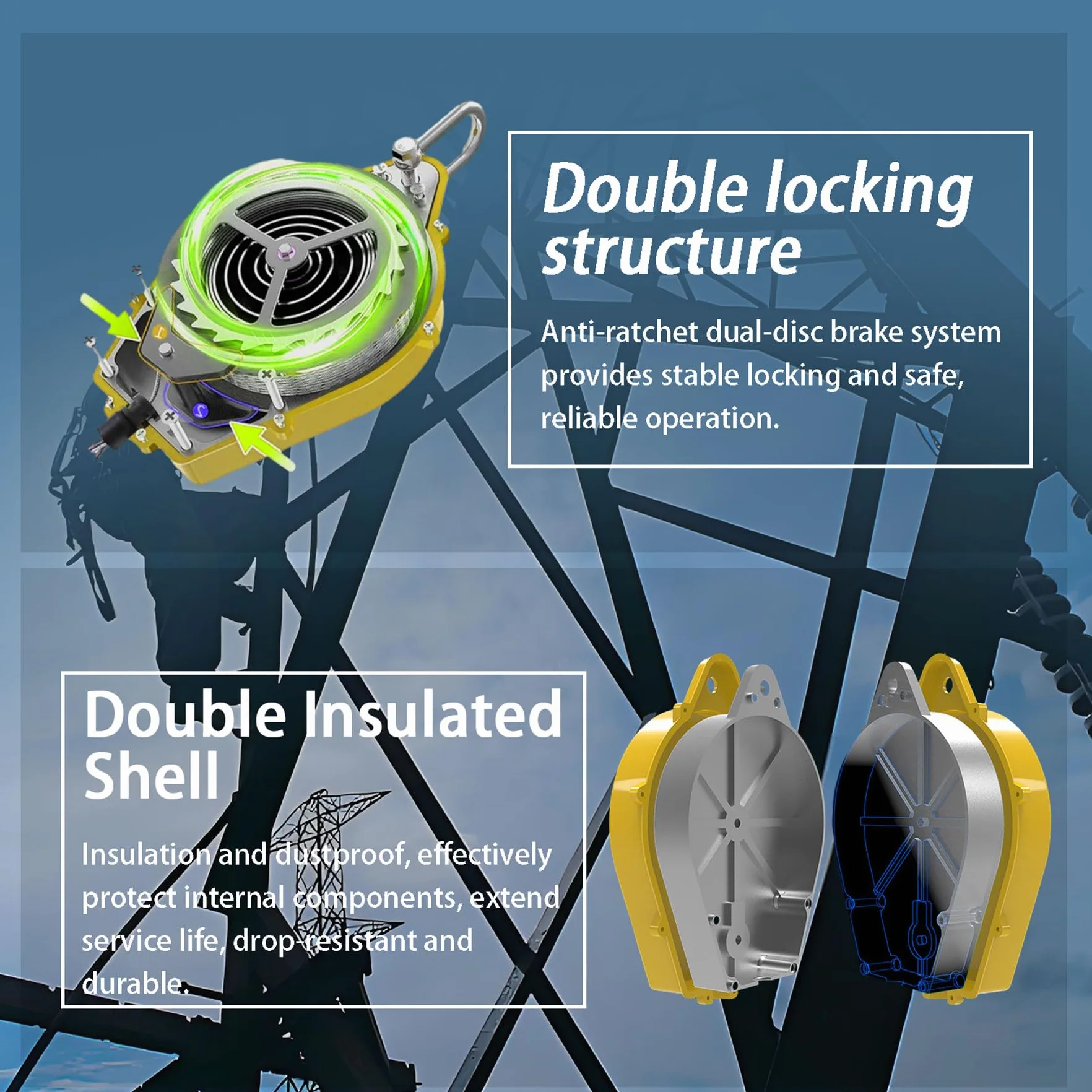 Dispositivo Anticaduta Retrattile Certificato 10/15/20m, Anticaduta a Richiamo Automatico con Gancio Autobloccante, 150KG Imbracatura di Sicurezza Anticaduta per Tetto e Lavoro Aereo (Giallo, 10m)