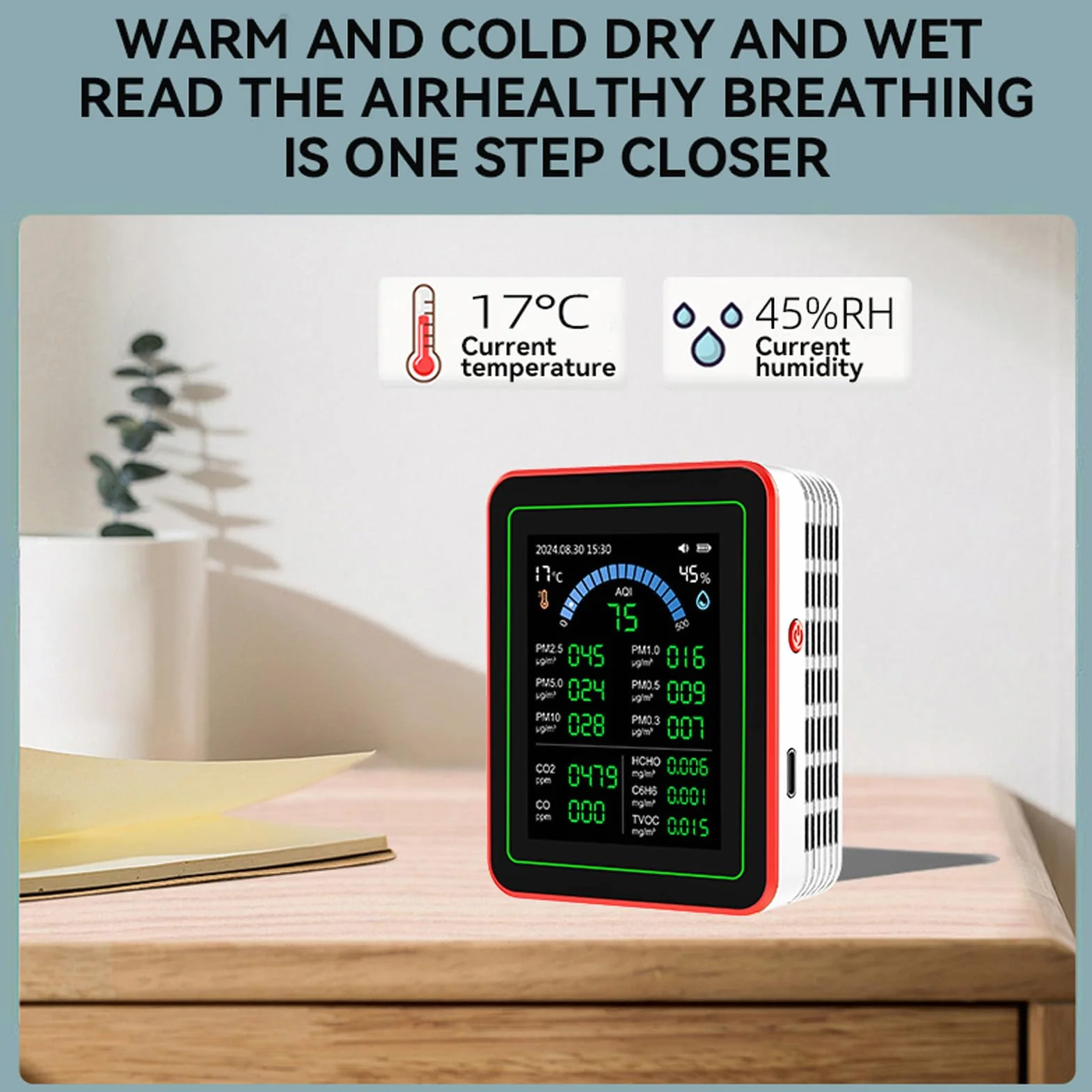 Rilevatore Qualità Aria 18 in 1 per CO2 TVOC HCHO PM2.5 PM10 Temperatura Umidità Display LCD Batteria Casa