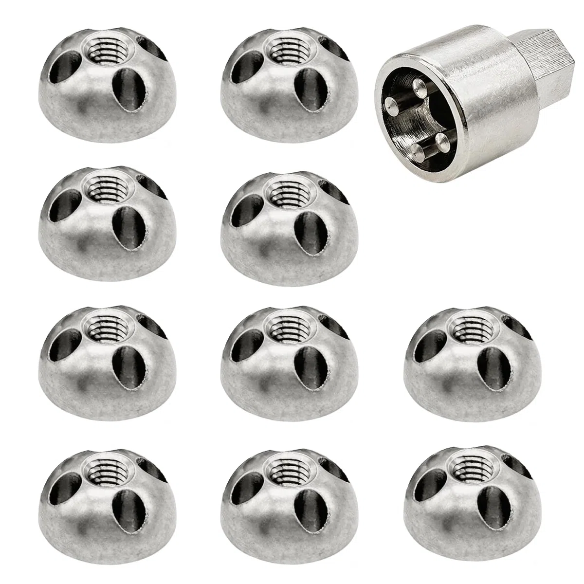 Set di Dadi, 10 Pezzi M8 x 1,25 mm Dadi Antifurto con 1 Chiave Speciale Dado di Sicurezza a 4 Fori in Acciaio Inox per Portapacchi Supporti per Telecamere di Sorveglianza o per Pannelli Solari