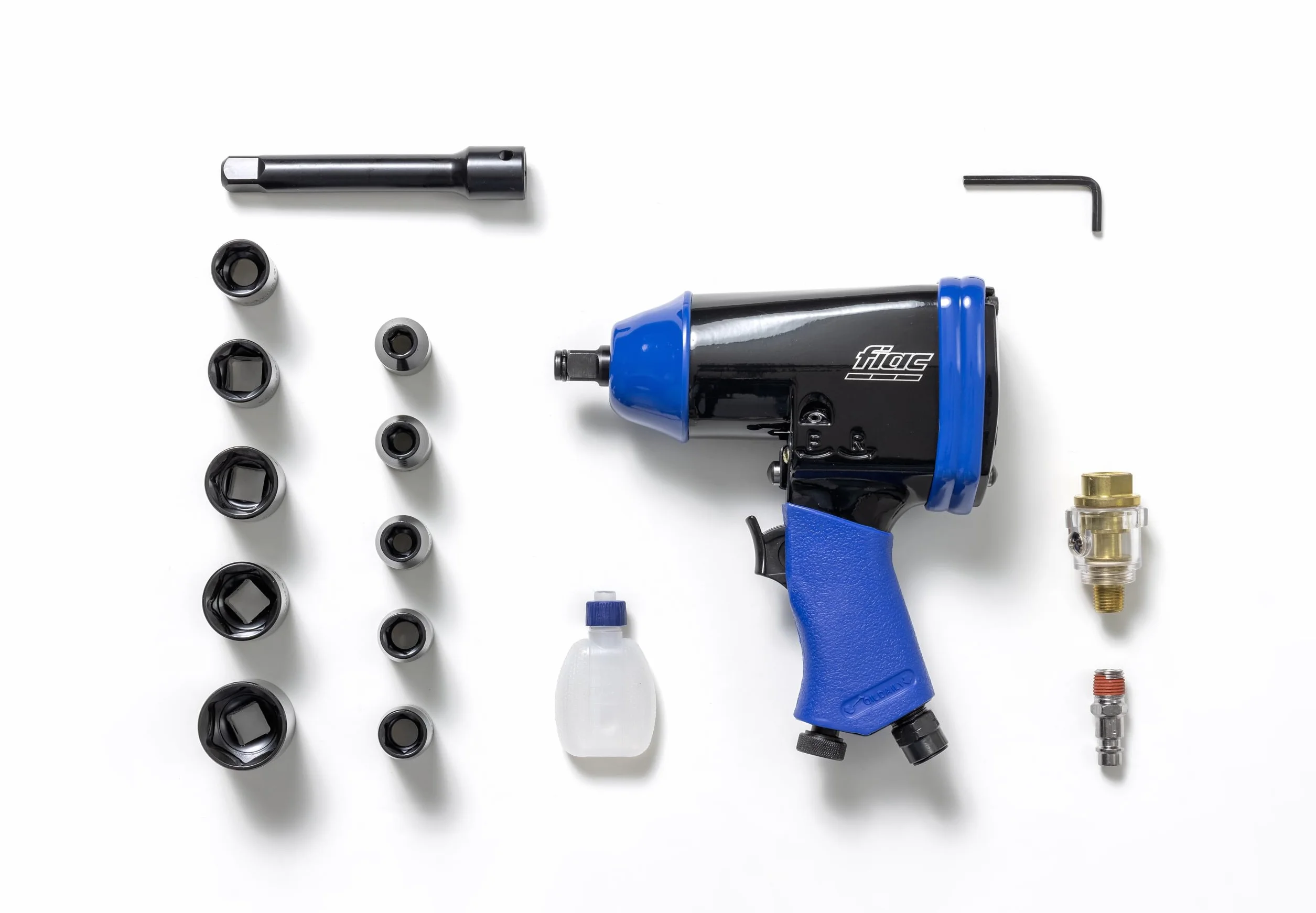 FIAC Avvitatore Pneumatico a Massa Battente 1⁄2" 1086, Pistola Pneumatica 10 Chiavi a Bussola + Prolunga da 100 mm + Mini Lubrificatore + Bottiglia di Plastica, Inclusa Valigetta, Coppia 345 Nm, Nera