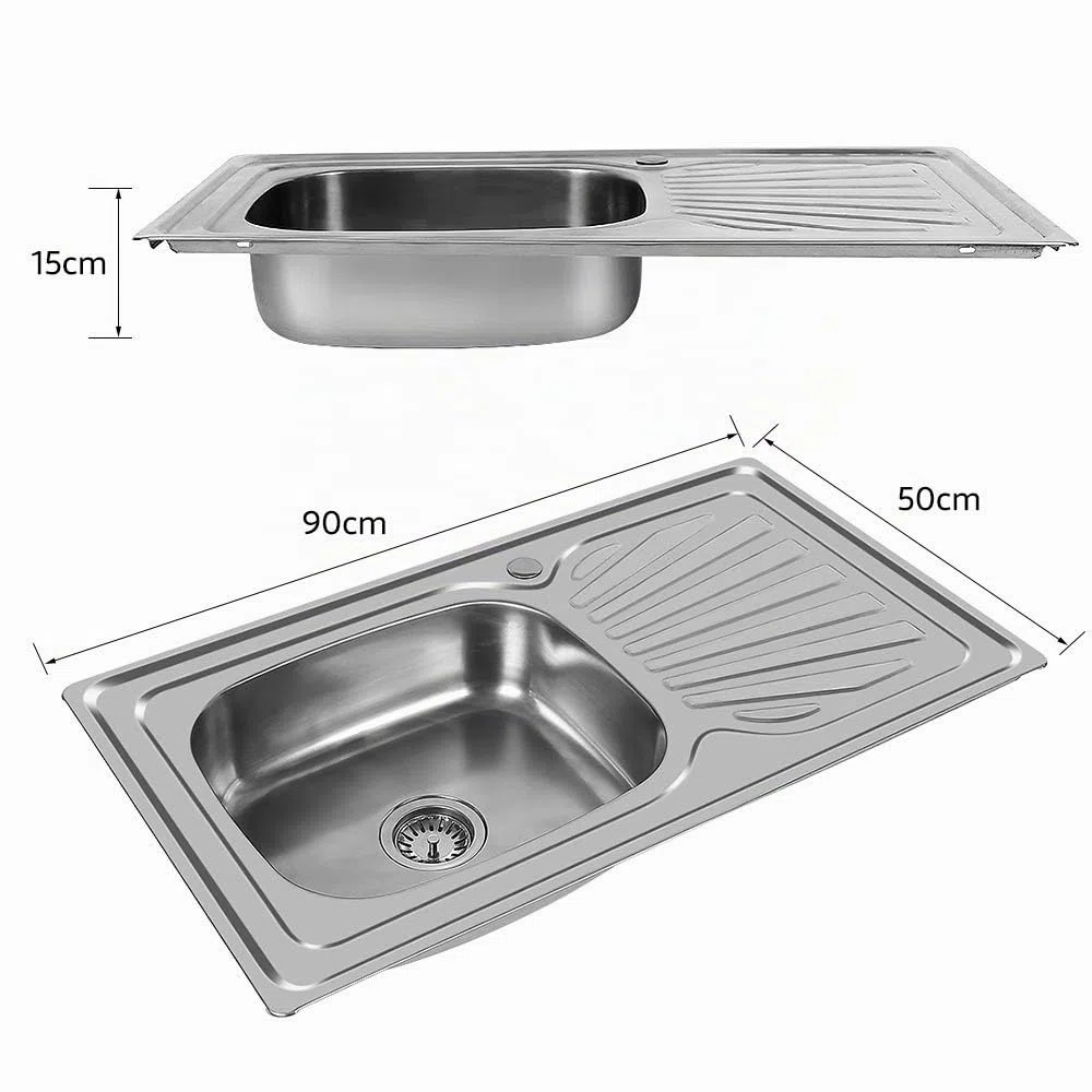 Lavello in acciaio inox, Lavello da incasso con foro per rubinetto,lavello in acciaio inox,Lavello Cucina Vasca con Gocciolatoio DX in Acciaio da Appoggio(90 * 50 * 15 cm (argento))