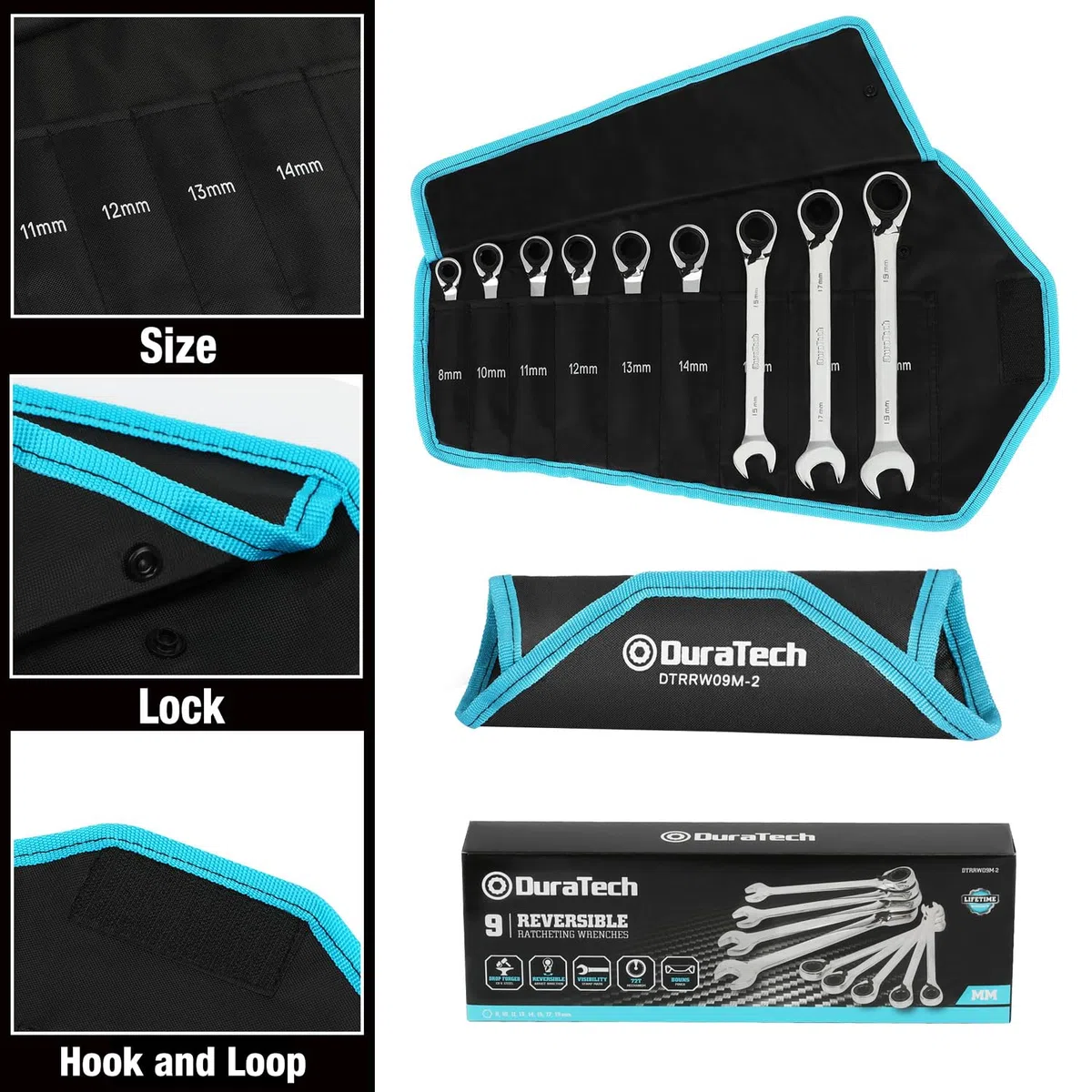 DURATECH Set di 9 chiavi a cricchetto reversibili, set di chiavi combinata con testa fissa e astuccio a rotolo, metriche, 8-19 mm, 12 punti, acciaio Cr-V