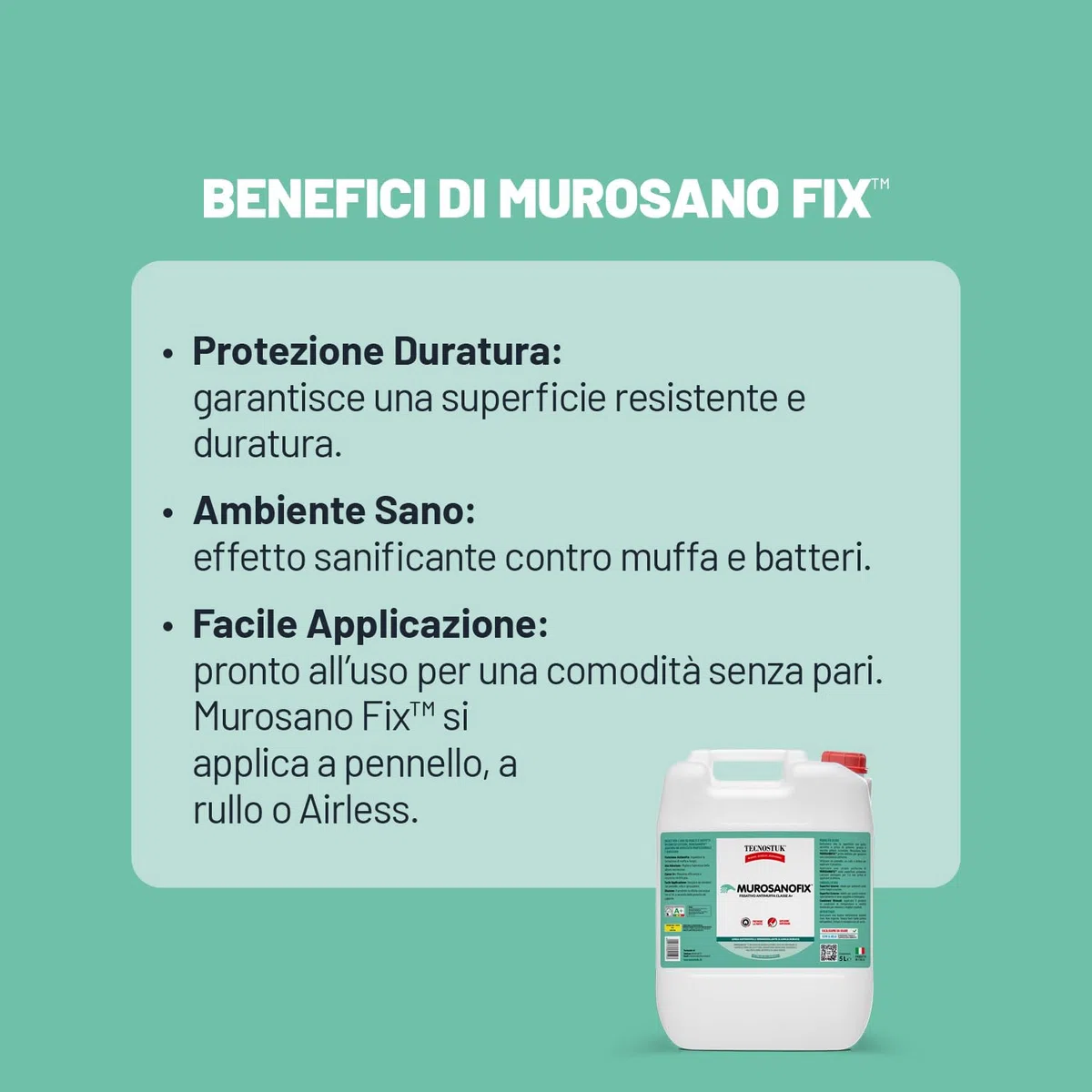 TECNOSTUK MuroSano Fix – Fissativo Acrilico Protettivo e Antimuffa per Interni ed Esterni – Alta Adesione, Facile Applicazione e Risultato Professionale (5 Litri)