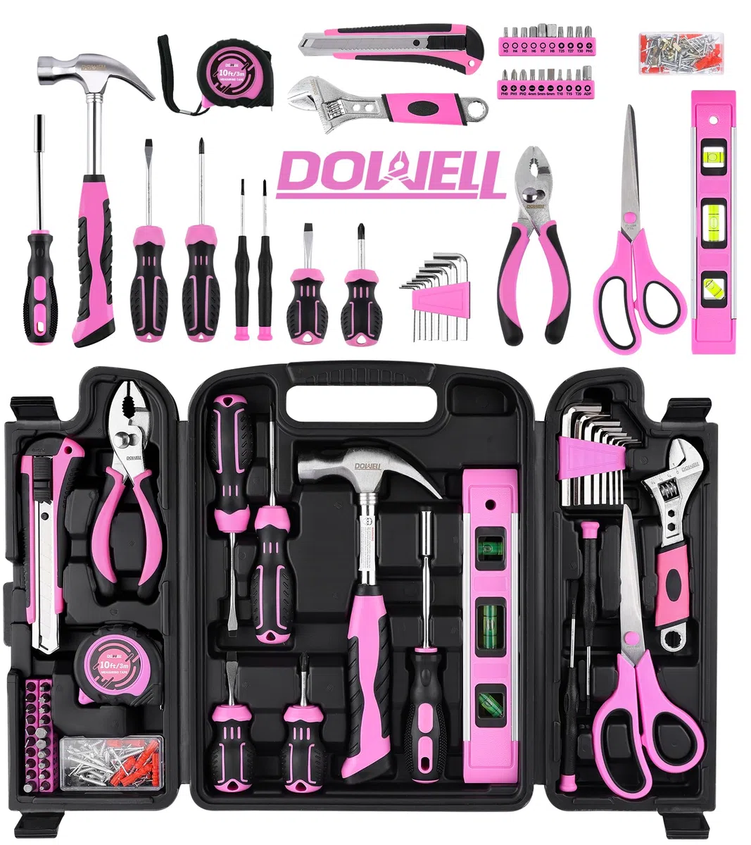 Dowell, kit di attrezzi per la riparazione domestica da 123 pezzi in rosa per donne e ragazze - Kit di attrezzi fai da te tutto in uno con impugnature ergonomiche, scatola degli attrezzi resistente
