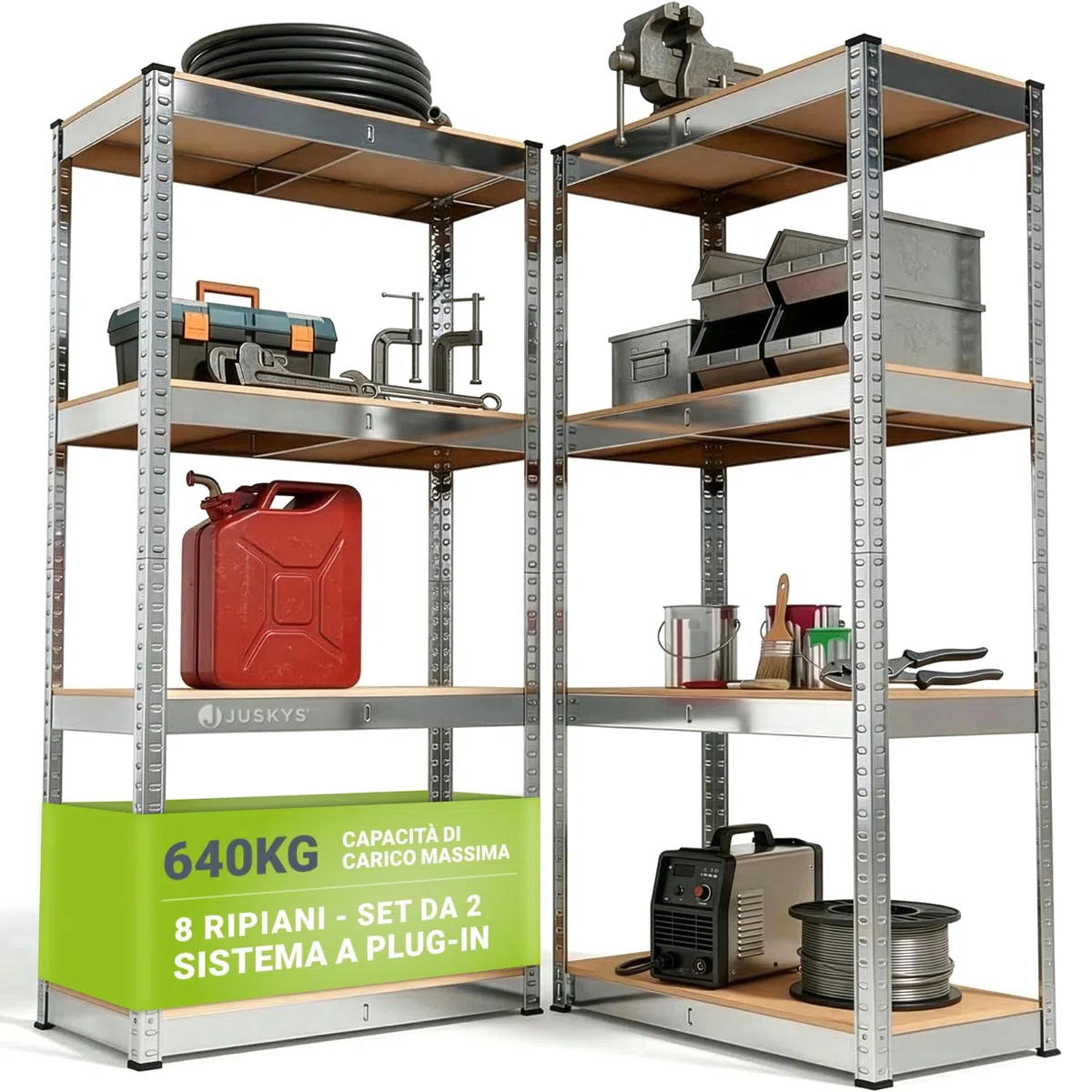Juskys Set 2 scaffali Easy 160x80x40cm (AxLxP) | 640kg di portata | 8 ripiani | Scaffali in metallo per carichi pesanti Scaffali per cantine Scaffali a innesto Scaffali in metallo