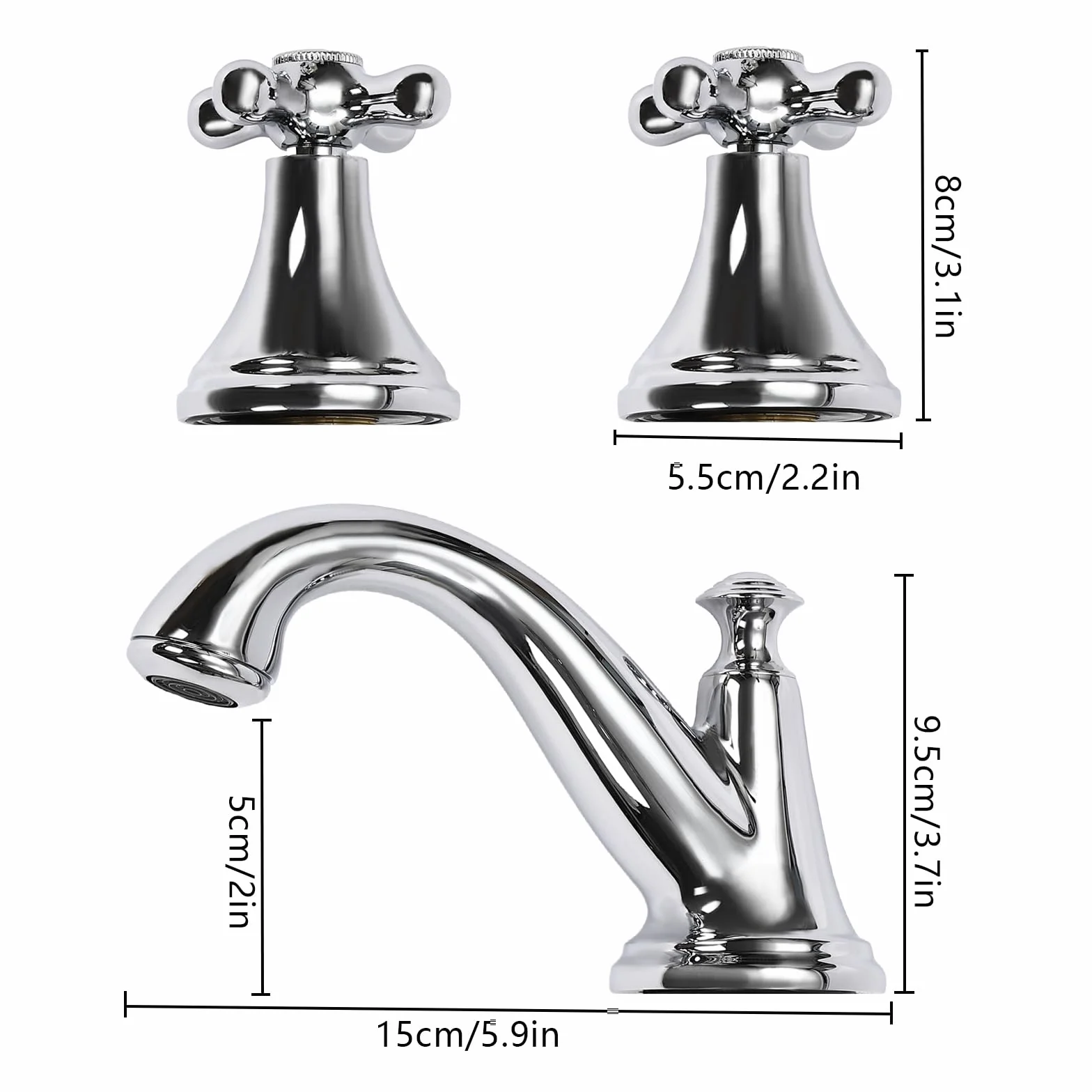 Rubinetto lavabo a 3 fori argento lavabo miscelatore con 2 maniglie, rubinetto per acqua calda e fredda