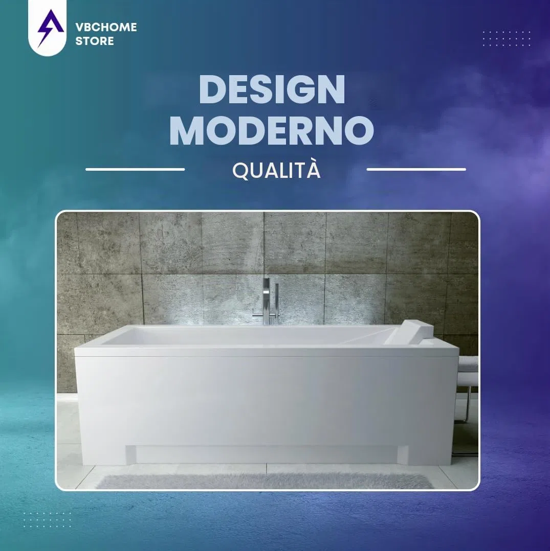 VBChome Vasca da bagno in acrilico, 130 x 70 cm, set di grembiule, sifone in acrilico, rettangolare, colore bianco, design moderno, piedini per vasca da bagno, scarico cromato