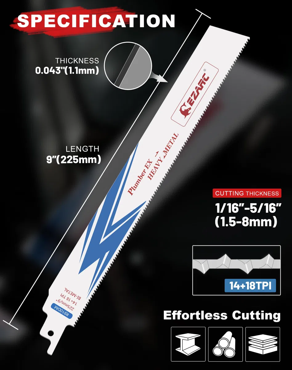 EZARC Lame per sega alternativa 25 pezzi Lame per sega bimetallica da 225 mm sega alternativa, 14+18 TPI per metallo per taglio acciaio, accessori per sega alternativa