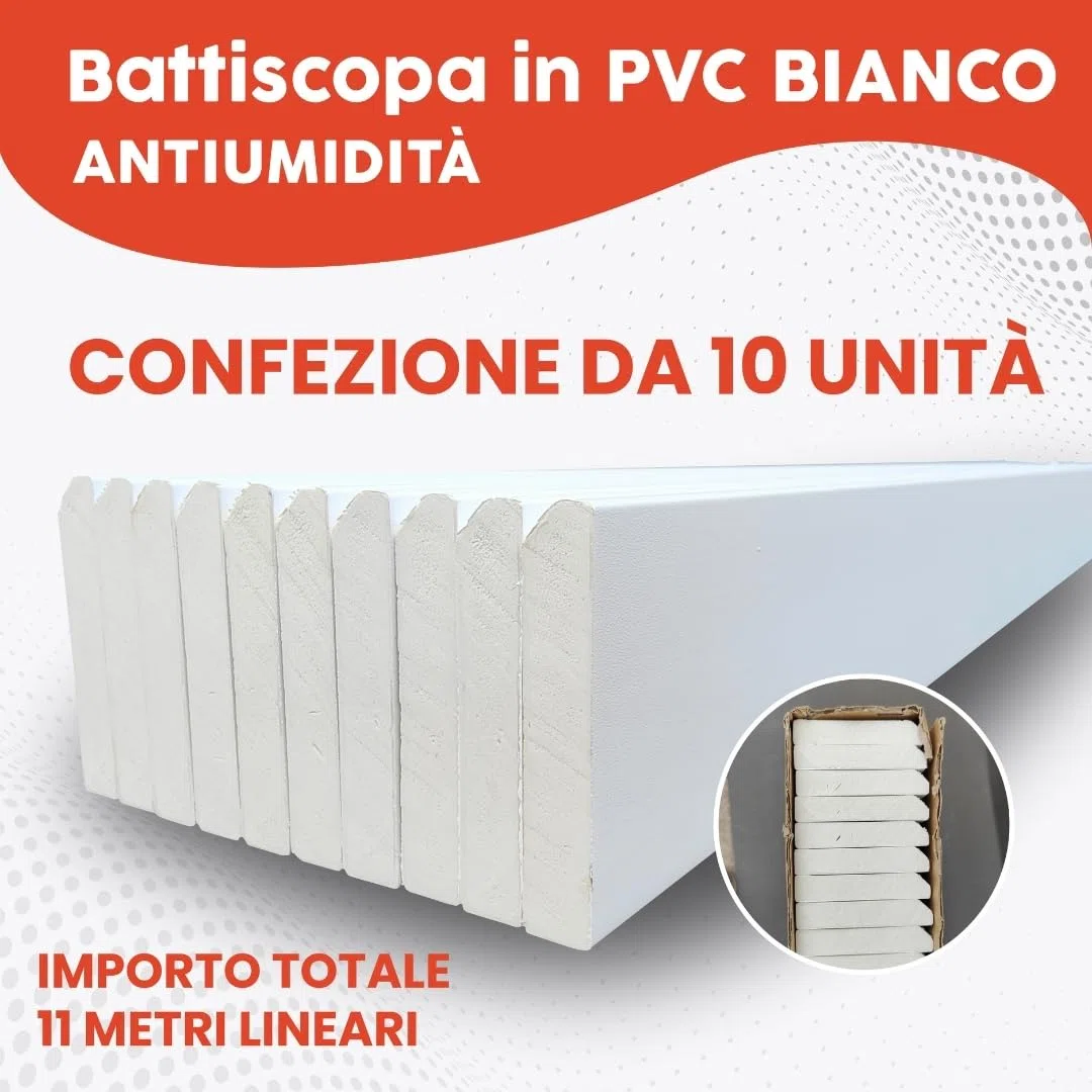 Pack 10 Battiscopa in PVC 110cm | Zoccoletto Battiscopa Bianco Antiumidità | Battiscopa PVC Resistente & Facile da Installare (Bianco - Pack 10)