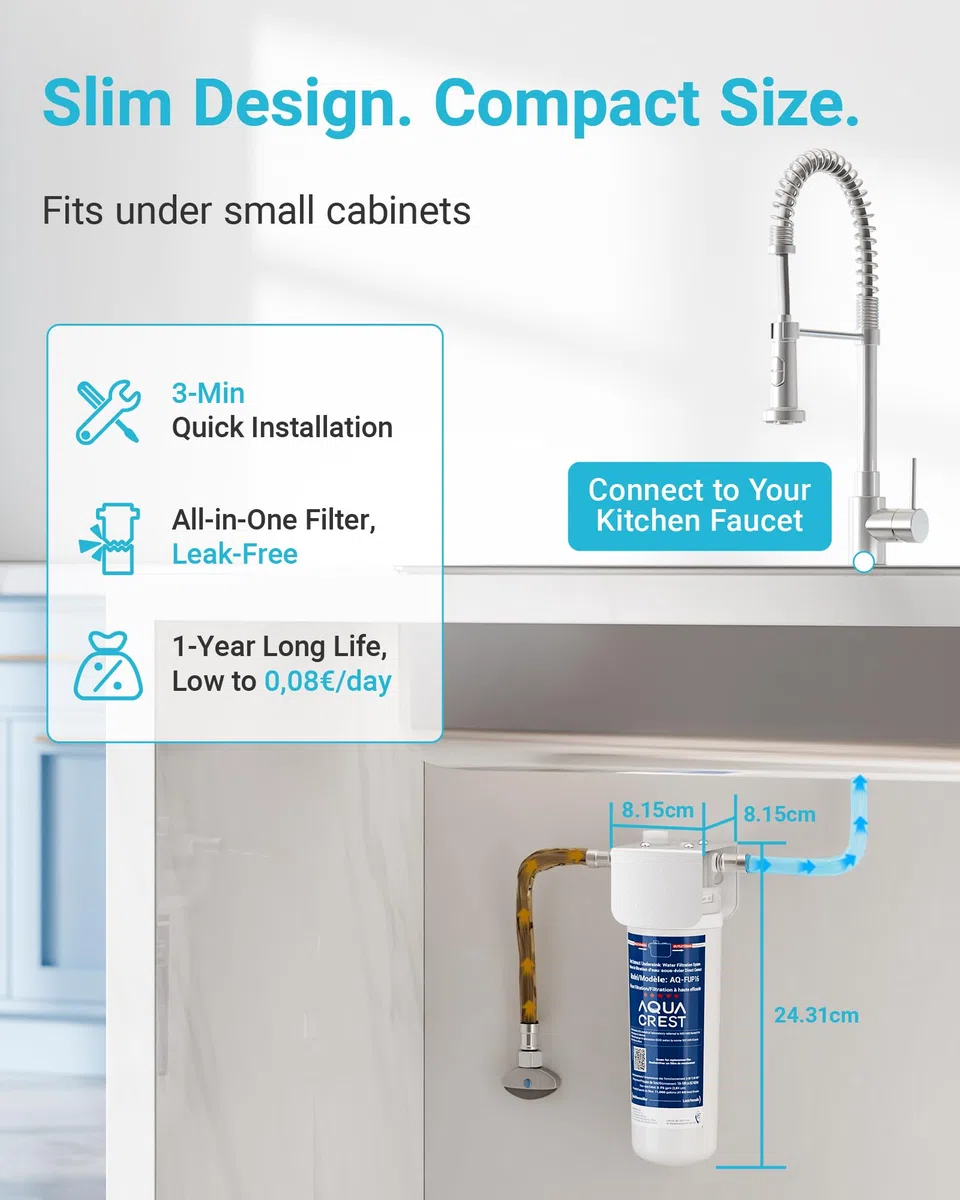AQUA CREST UP16 Sistema di Filtrazione Sotto Lavello, Collegamento Diretto al Rubinetto Cucina, Riduce 99,52% Cloro, Sapori e Odori, 11K Galloni