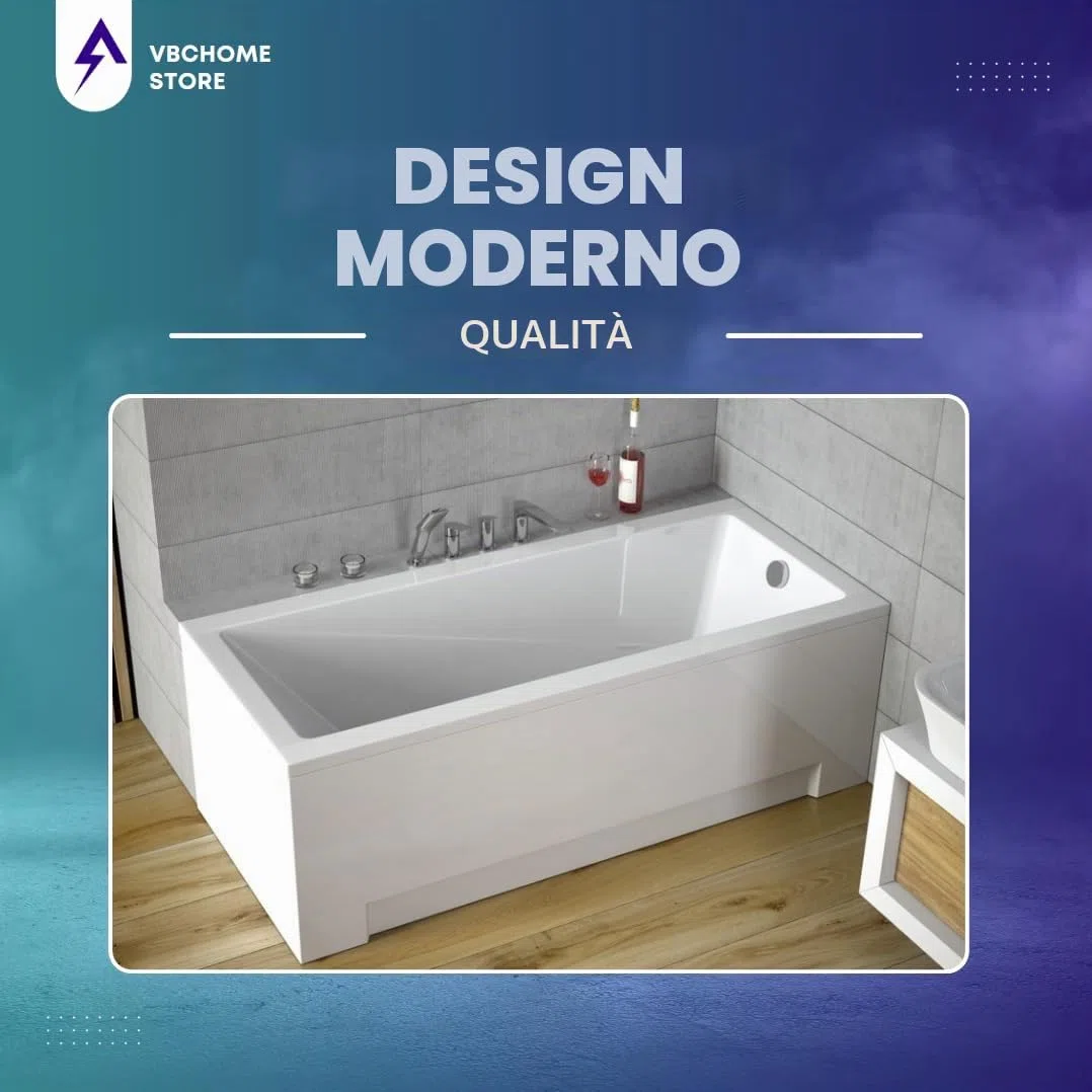 VBChome Vasca da bagno in acrilico, 130 x 70 cm, set di grembiule, sifone in acrilico, rettangolare, colore bianco, design moderno, piedini per vasca da bagno, scarico cromato